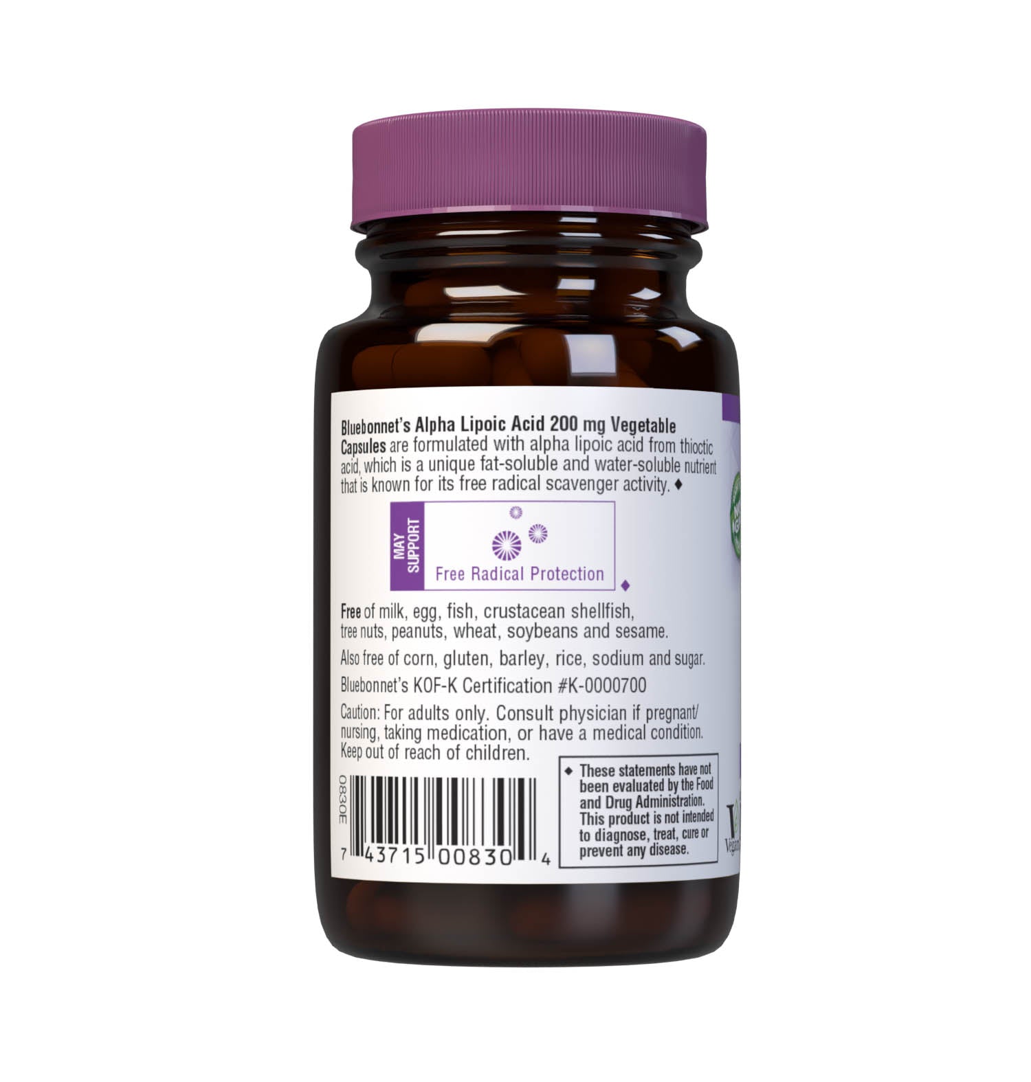 Bluebonnet’s Alpha Lipoic Acid 200 mg 30 Vegetable Capsules are formulated with alpha lipoic acid from thiotic acid. Alpha lipoic acid is a unique antioxidant that is both fat-soluble and water-soluble, and is known for its free radical scavenger activity. Description panel. #size_30 count