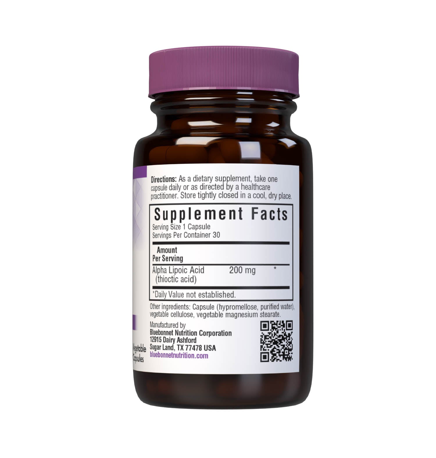 Bluebonnet’s Alpha Lipoic Acid 200 mg 30 Vegetable Capsules are formulated with alpha lipoic acid from thiotic acid. Alpha lipoic acid is a unique antioxidant that is both fat-soluble and water-soluble, and is known for its free radical scavenger activity. Supplement facts panel. #size_30 count