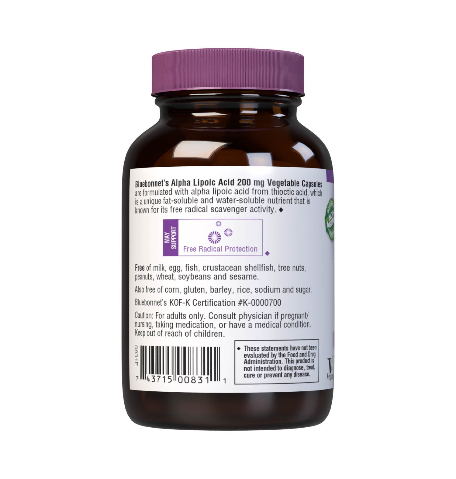 Bluebonnet’s Alpha Lipoic Acid 200 mg 60 Vegetable Capsules are formulated with alpha lipoic acid from thiotic acid. Alpha lipoic acid is a unique antioxidant that is both fat-soluble and water-soluble, and is known for its free radical scavenger activity. Description panel. #size_60 count