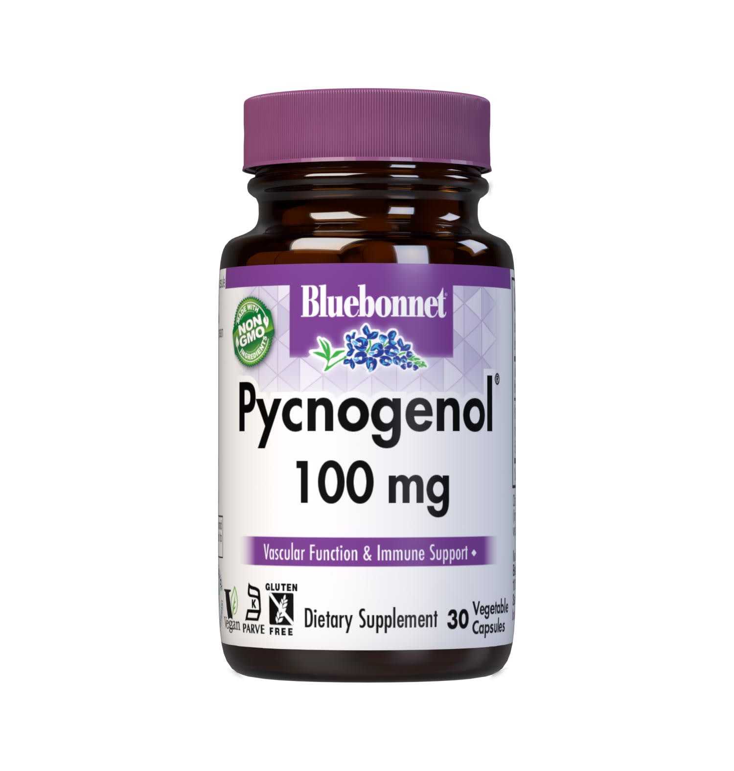 Bluebonnet’s Pycnogenol 100 mg 30 Vegetable Capsules are derived from the bark of the European coastal pine, Pinus maritima. Pycnogenol is a plant extract concentrated with oligomeric proanthocyanidins (OPCs), a water-soluble bioflavonoid. Pycnogenol may help support vascular and immune function. #size_30 count