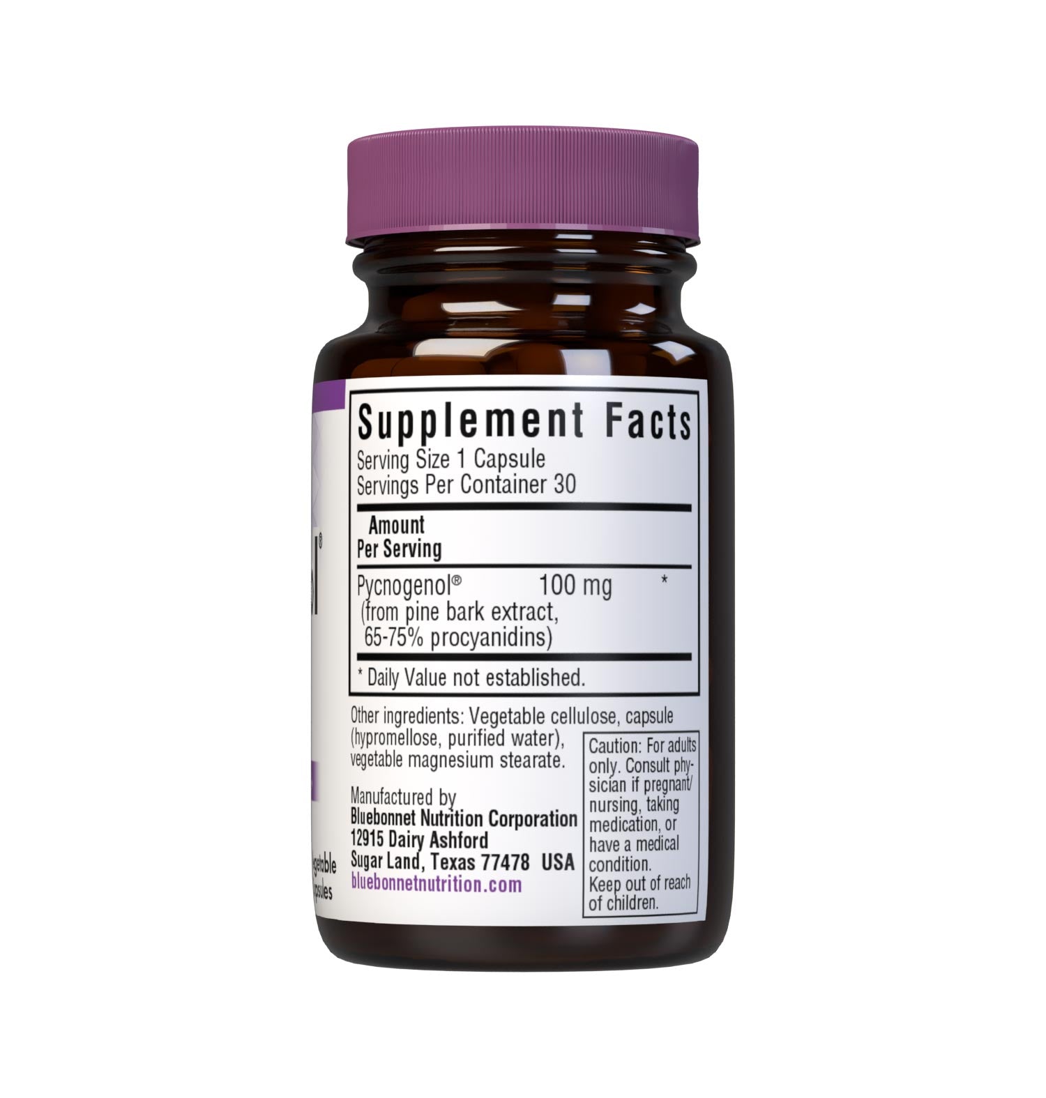 Bluebonnet’s Pycnogenol 100 mg 30 Vegetable Capsules are derived from the bark of the European coastal pine, Pinus maritima. Pycnogenol is a plant extract concentrated with oligomeric proanthocyanidins (OPCs), a water-soluble bioflavonoid. Pycnogenol may help support vascular and immune function. Supplement facts panel. #size_30 count