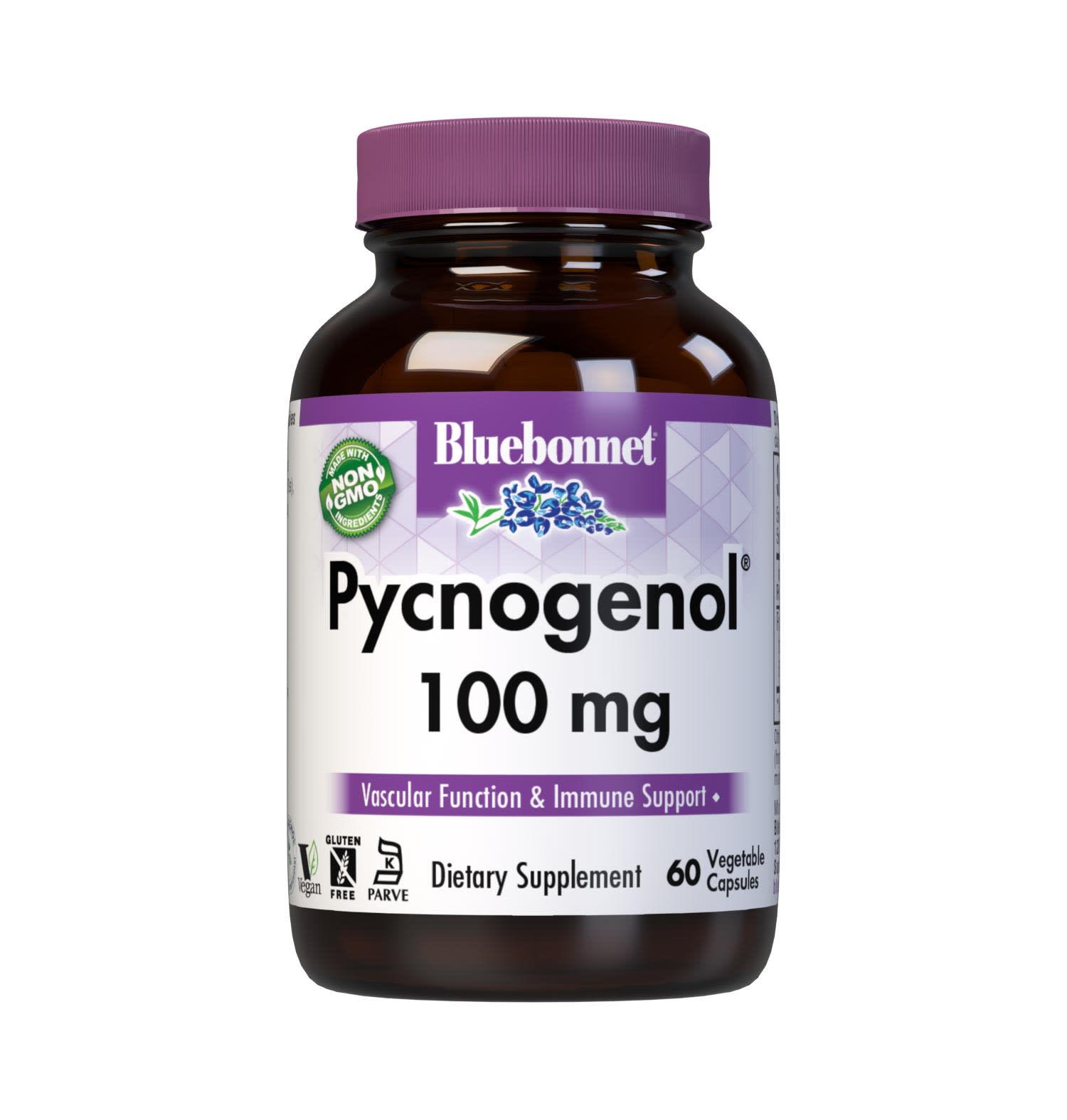 Bluebonnet’s Pycnogenol 100 mg 60 Vegetable Capsules are derived from the bark of the European coastal pine, Pinus maritima. Pycnogenol is a plant extract concentrated with oligomeric proanthocyanidins (OPCs), a water-soluble bioflavonoid. Pycnogenol may help support vascular and immune function. #size_60 count
