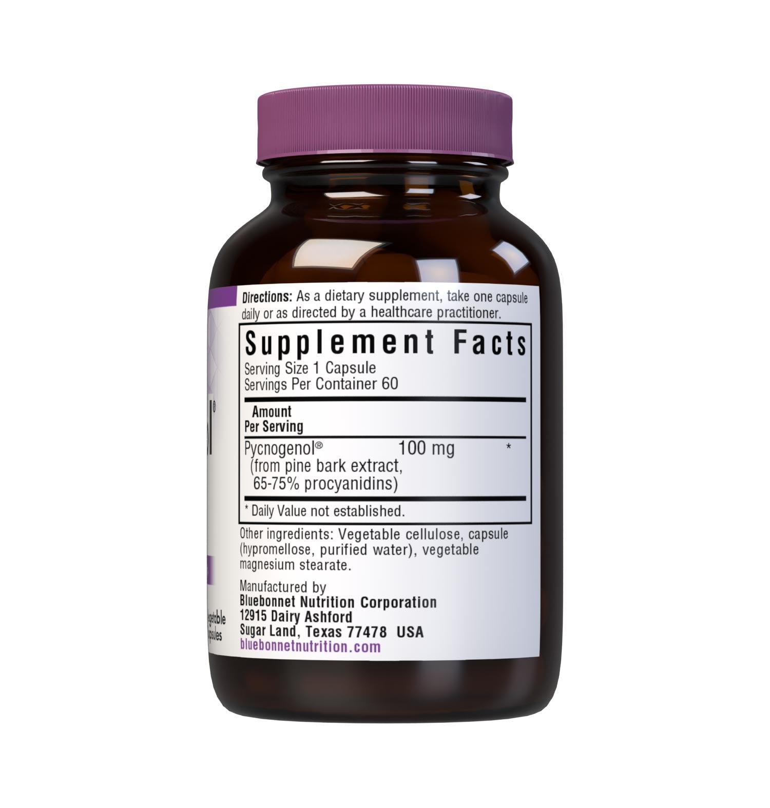 Bluebonnet’s Pycnogenol 100 mg 60 Vegetable Capsules are derived from the bark of the European coastal pine, Pinus maritima. Pycnogenol is a plant extract concentrated with oligomeric proanthocyanidins (OPCs), a water-soluble bioflavonoid. Pycnogenol may help support vascular and immune function. Supplement facts panel. #size_60 count