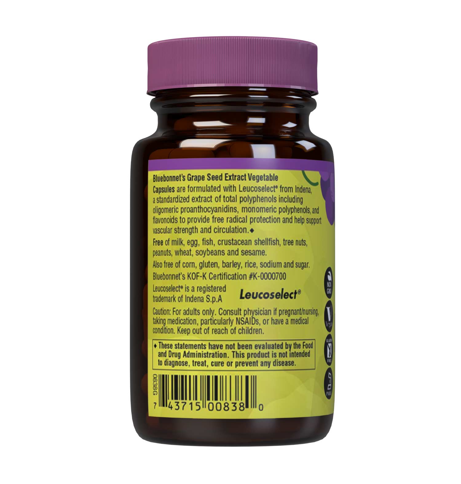 Bluebonnet’s Super Fruit Grape Seed Extract Vegetable Capsules are derived from Champagne grape seeds imported from France. These special grape seeds are turned into an extract known as Leucoselect supplying 100 mg per serving of grape seed extract standardized to 95% total polyphenols including oligomeric proanthocyanidins, monomeric polyphenols and flavonoids. Description panel. #size_30 count