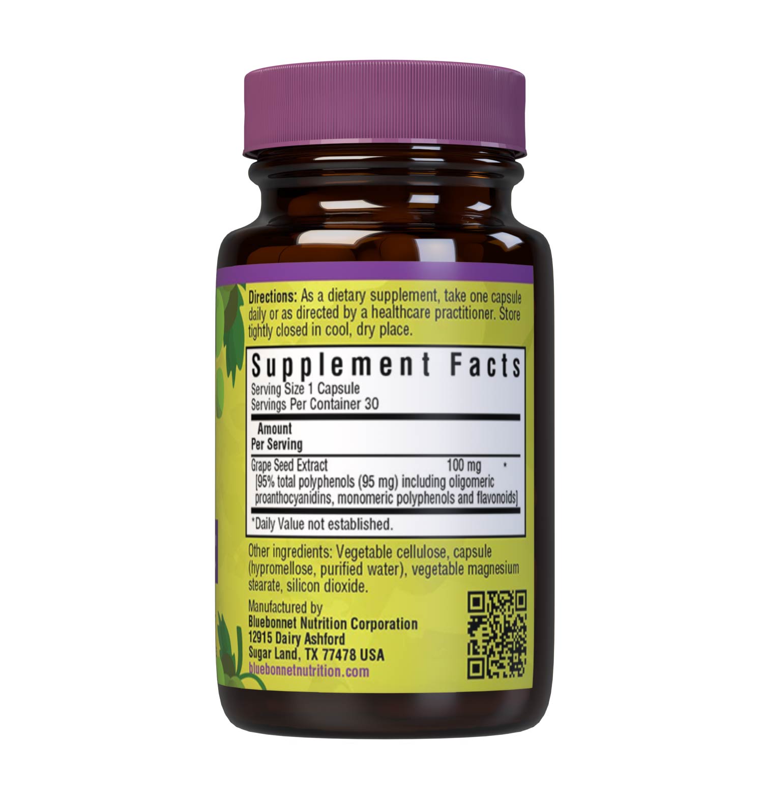 Bluebonnet’s Super Fruit Grape Seed Extract Vegetable Capsules are derived from Champagne grape seeds imported from France. These special grape seeds are turned into an extract known as Leucoselect supplying 100 mg per serving of grape seed extract standardized to 95% total polyphenols including oligomeric proanthocyanidins, monomeric polyphenols and flavonoids. Supplement facts panel. #size_30 count