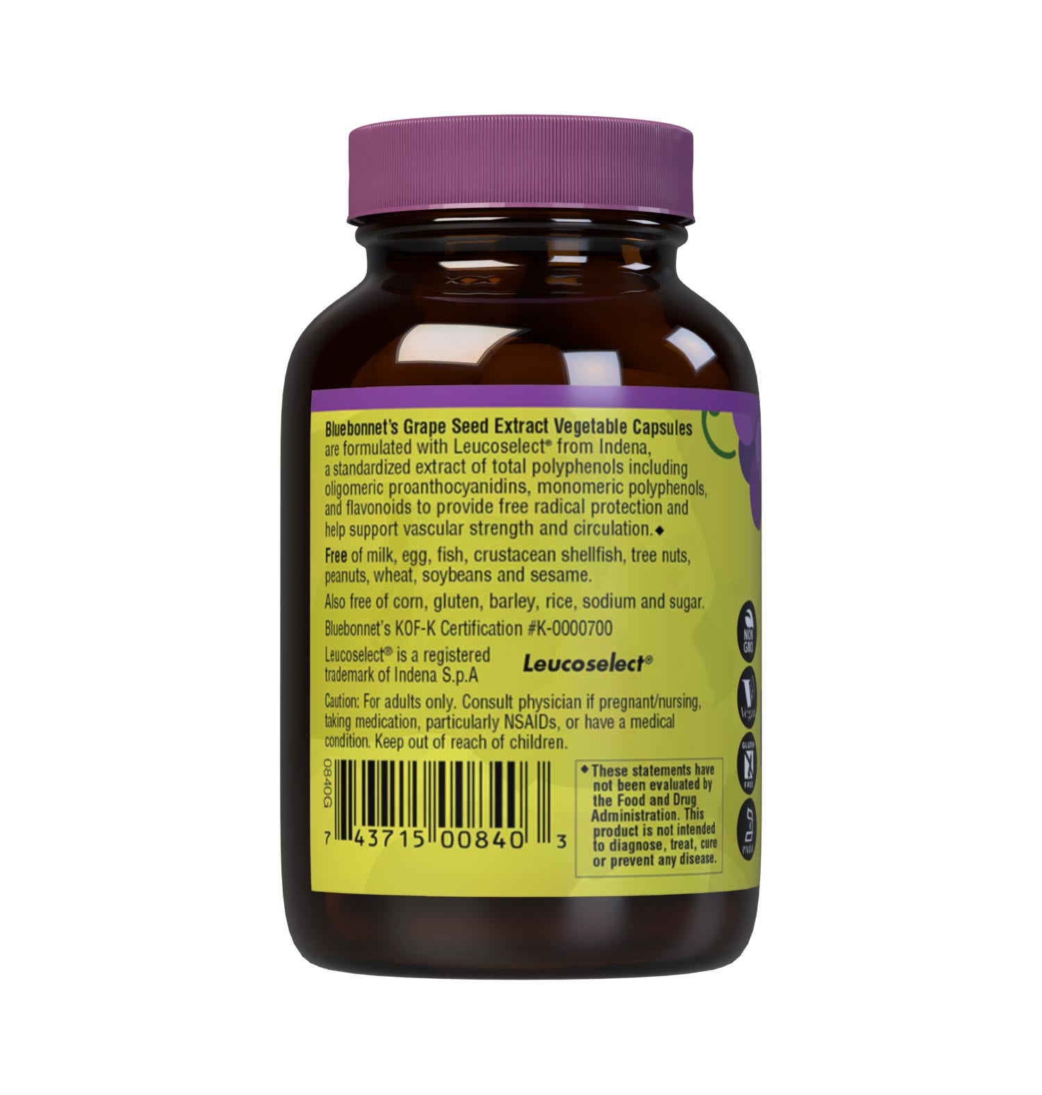 Bluebonnet’s Super Fruit Grape Seed Extract 60 Vegetable Capsules are derived from Champagne grape seeds imported from France. These special grape seeds are turned into an extract known as Leucoselect supplying 100 mg per serving of grape seed extract standardized to 95% total polyphenols including oligomeric proanthocyanidins, monomeric polyphenols and flavonoids. Description panel. #size_60 count