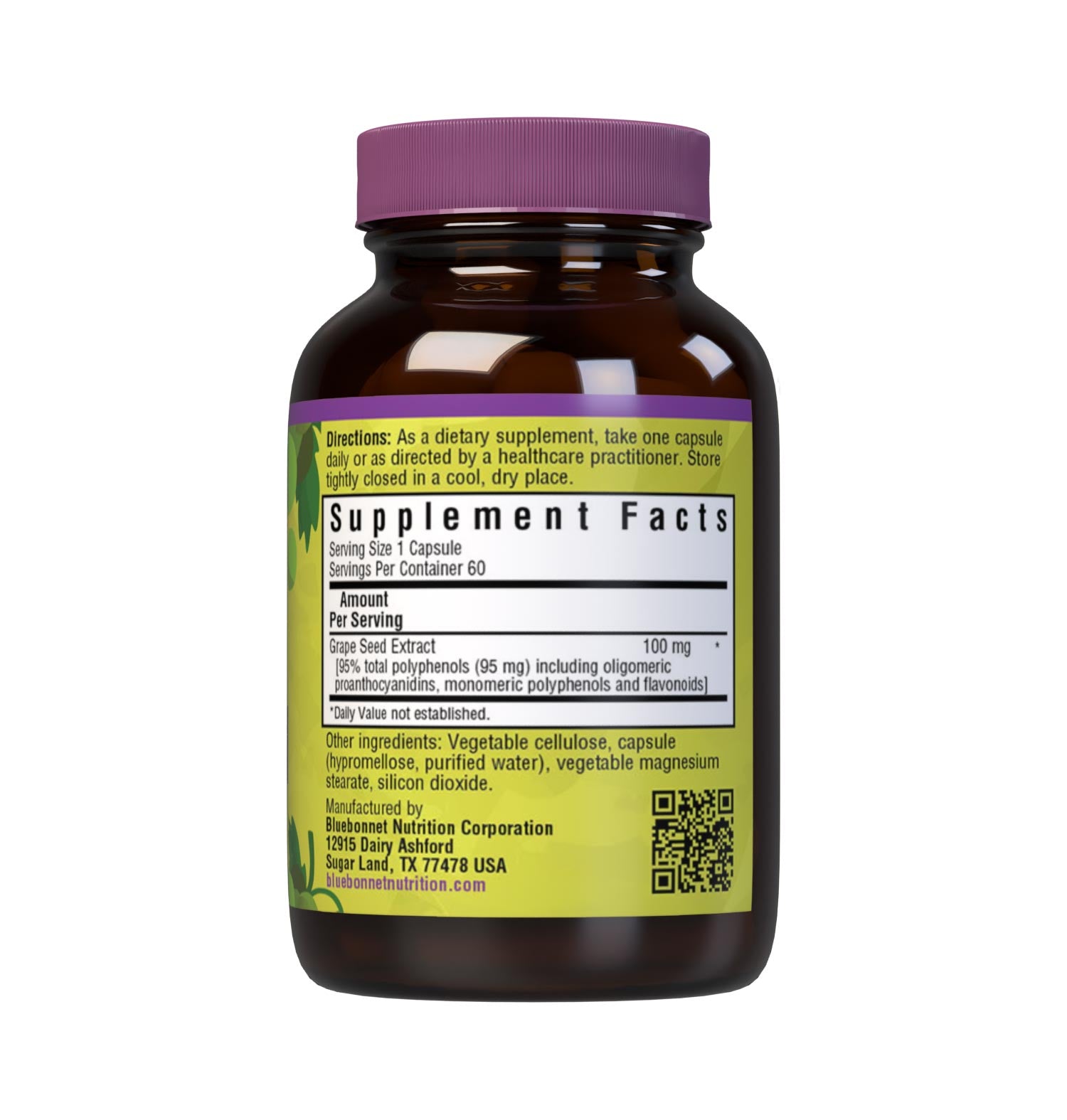 Bluebonnet’s Super Fruit Grape Seed Extract 60 Vegetable Capsules are derived from Champagne grape seeds imported from France. These special grape seeds are turned into an extract known as Leucoselect supplying 100 mg per serving of grape seed extract standardized to 95% total polyphenols including oligomeric proanthocyanidins, monomeric polyphenols and flavonoids. Supplement facts panel. #size_60 count