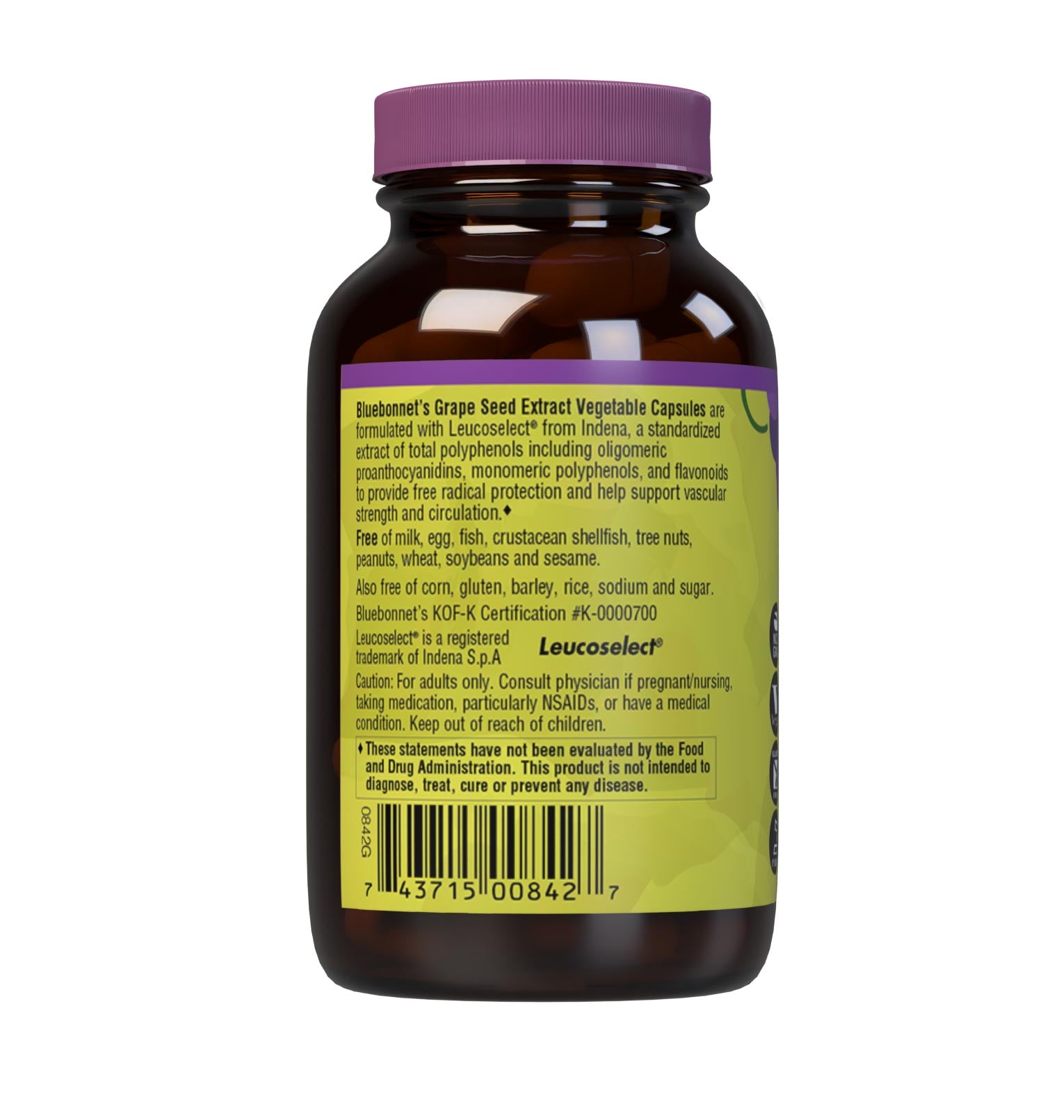 Bluebonnet’s Super Fruit Grape Seed Extract 90 Vegetable Capsules are derived from Champagne grape seeds imported from France. These special grape seeds are turned into an extract known as Leucoselect supplying 100 mg per serving of grape seed extract standardized to 95% total polyphenols including oligomeric proanthocyanidins, monomeric polyphenols and flavonoids. Description panel. #size_90 count