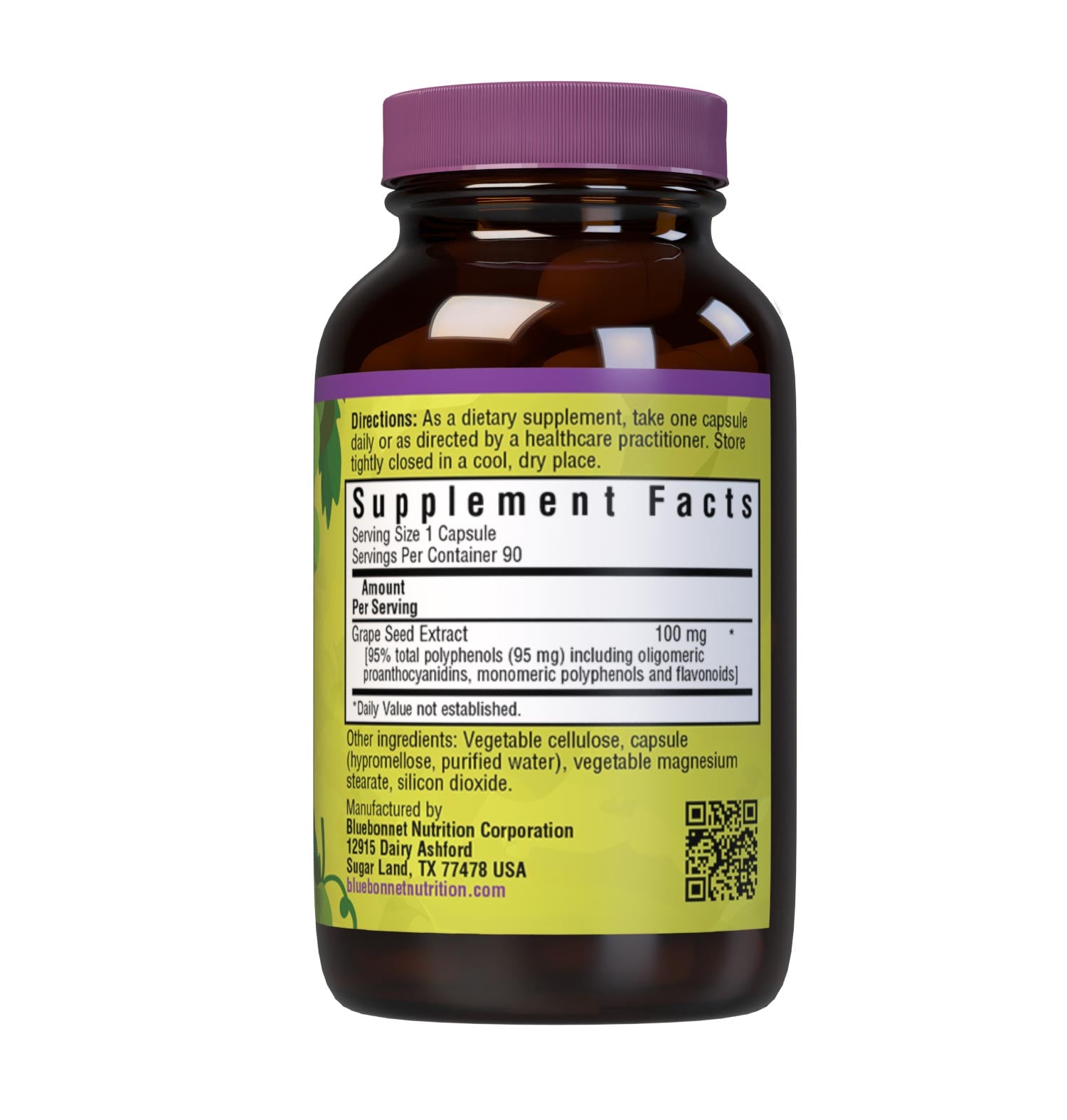 Bluebonnet’s Super Fruit Grape Seed Extract 90 Vegetable Capsules are derived from Champagne grape seeds imported from France. These special grape seeds are turned into an extract known as Leucoselect supplying 100 mg per serving of grape seed extract standardized to 95% total polyphenols including oligomeric proanthocyanidins, monomeric polyphenols and flavonoids. Supplement facts panel. #size_90 count