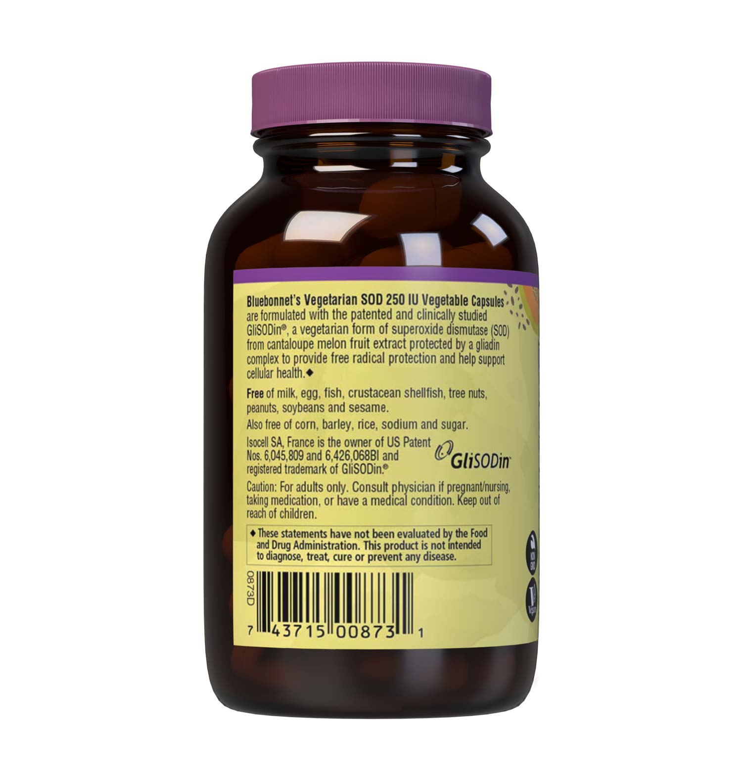 Bluebonnet’s Super Fruit Vegetarian SOD 250 IU Cantaloupe Melon Fruit Extract 60 Vegetable Capsules are formulated with the first orally effective, vegetarian form of superoxide dismutase (SOD) from cantaloupe melon in a gliadin complex. Description panel. #size_60 count