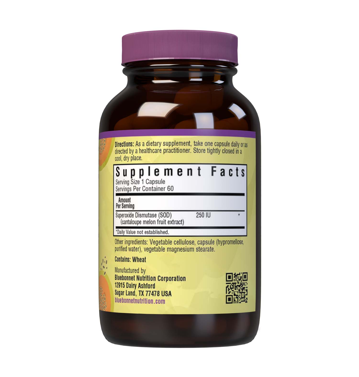 Bluebonnet’s Super Fruit Vegetarian SOD 250 IU Cantaloupe Melon Fruit Extract 60 Vegetable Capsules are formulated with the first orally effective, vegetarian form of superoxide dismutase (SOD) from cantaloupe melon in a gliadin complex. Supplement facts panel. #size_60 count