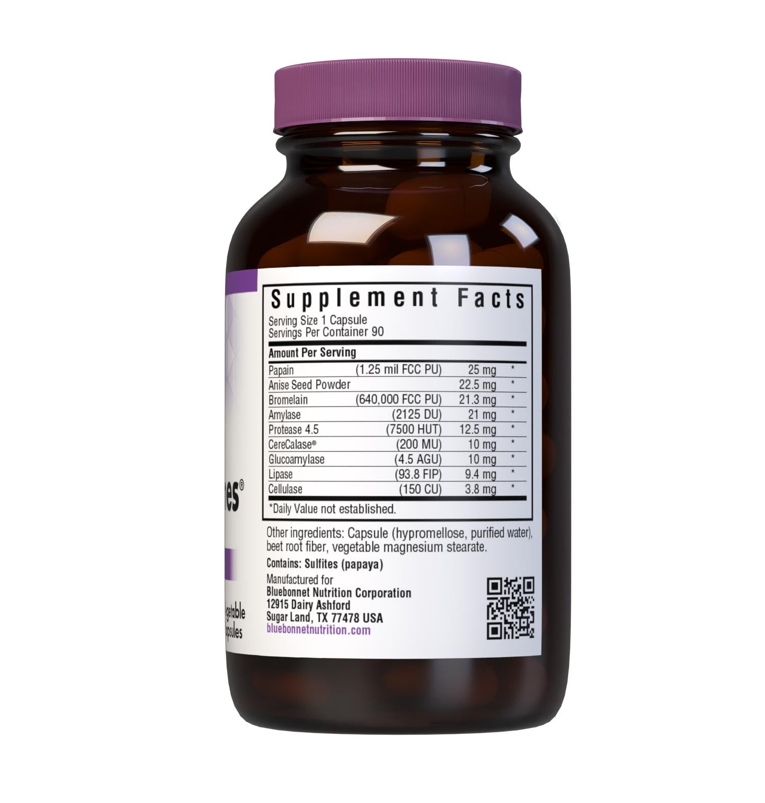 Bluebonnet’s Full Spectrum Optimum Enzymes 90 Vegetable Capsules are formulated with a combination of plant-based enzymes that help support the breakdown of protein, carbohydrates, and fats for digestive health. Supplement facts panel. #size_90 count