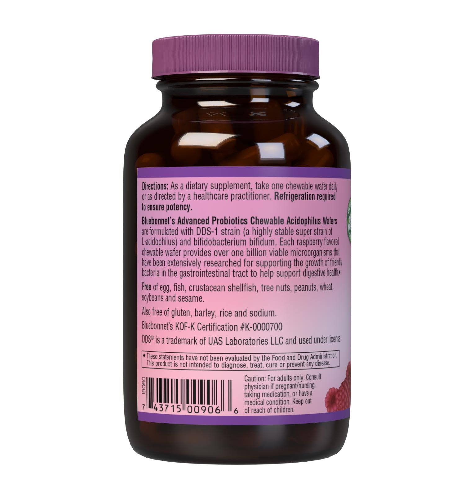 Bluebonnet’s Advanced Probiotics Chewable Acidophilus 60 Wafers are formulated with DDS-1 strain (a highly stable super strain of L-acidophilus) and bifidobacterium bifidum. Each raspberry flavored chewable wafer provides over one billion viable microorganisms at the time of manufacturing that have been extensively researched for supporting the growth of friendly bacteria in the gastrointestinal tract to help support digestive health. Description panel. #size_60 count