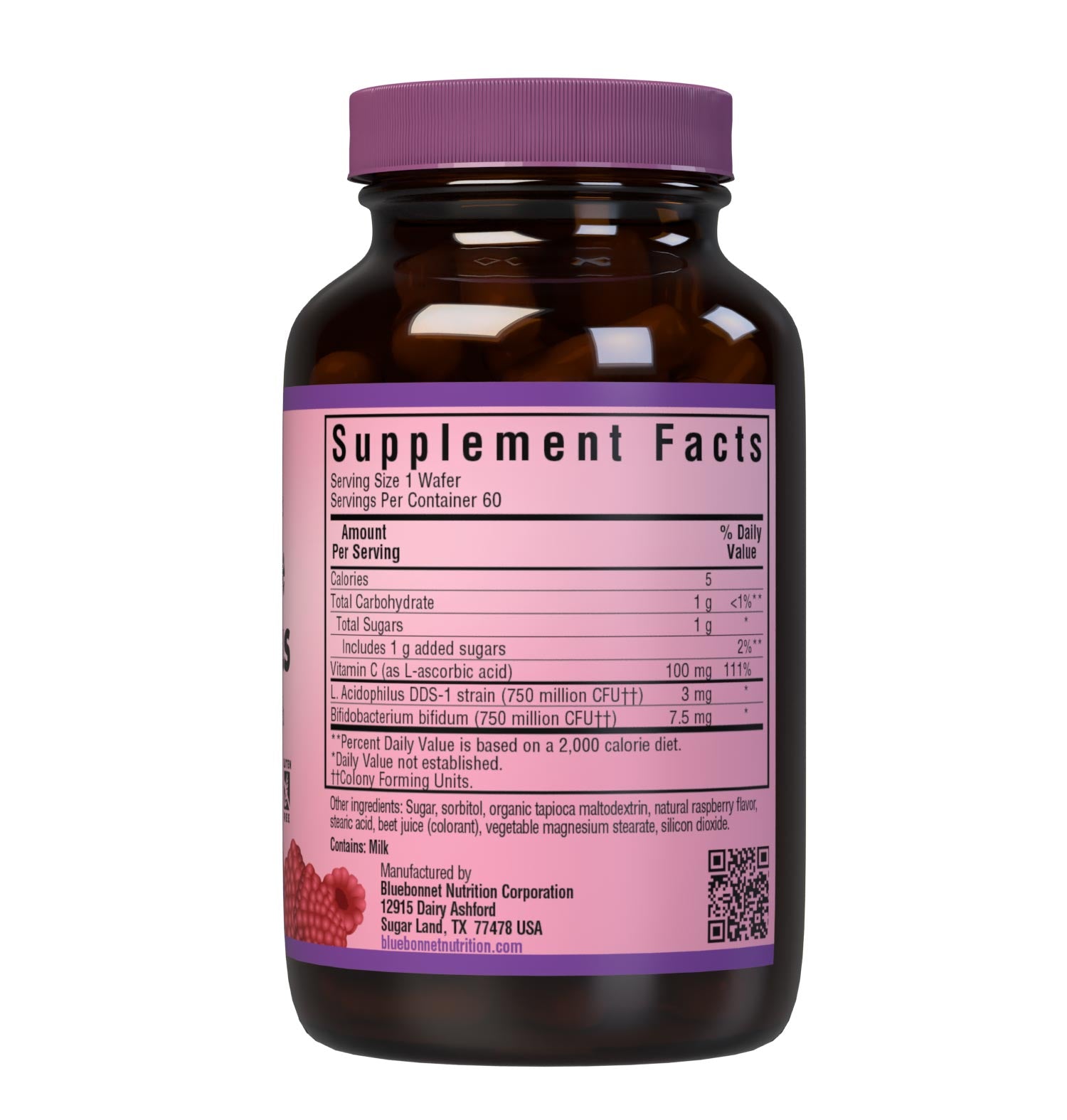 Bluebonnet’s Advanced Probiotics Chewable Acidophilus 60 Wafers are formulated with DDS-1 strain (a highly stable super strain of L-acidophilus) and bifidobacterium bifidum. Each raspberry flavored chewable wafer provides over one billion viable microorganisms at the time of manufacturing that have been extensively researched for supporting the growth of friendly bacteria in the gastrointestinal tract to help support digestive health. Supplement facts panel. #size_60 count