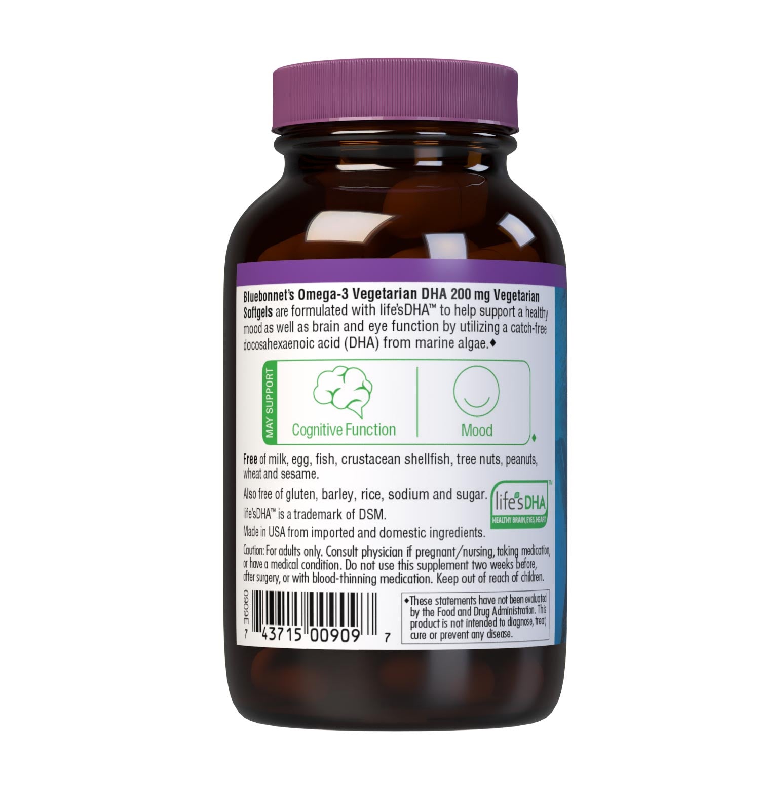 Bluebonnet’s Omega-3 Vegetarian DHA 200 mg 60 Vegetarian Softgels are formulated with life’sDHA, to help support a healthy mood as well as brain and eye function by utilzing a catch-free docosahexaenoic acid (DHA) from marine algae. Description panel. #size_60 count