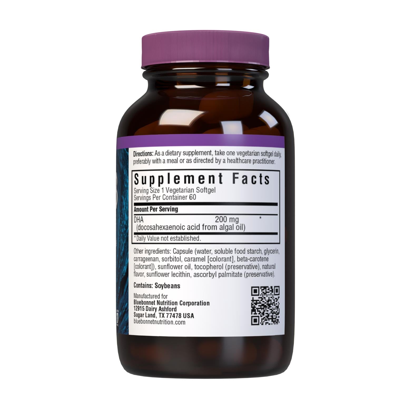 Bluebonnet’s Omega-3 Vegetarian DHA 200 mg 60 Vegetarian Softgels are formulated with life’sDHA, to help support a healthy mood as well as brain and eye function by utilzing a catch-free docosahexaenoic acid (DHA) from marine algae. Supplement facts panel. #size_60 count