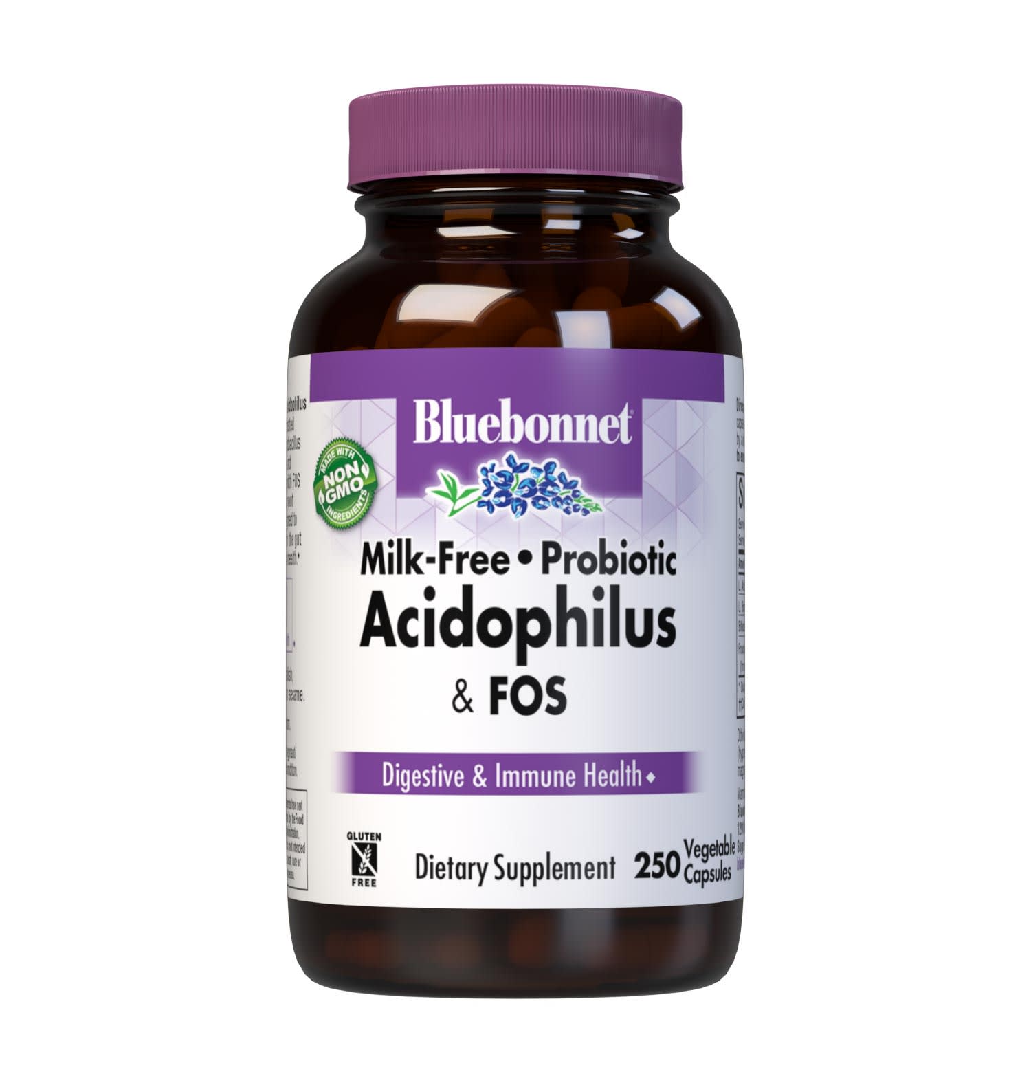 Bluebonnet’s Milk-Free Probiotic Acidophilus & FOS 250 Vegetable Capsules are formulated with over three billion viable cultures from lactobacillus acidophilus, lactobacillus bulgaricus, bifidobacterium bifidum strains along with FOS (fructooligosaccharides) from chicory root extract. This probiotic formula is designed to assist the growth of friendly bacteria in the gut to help support digestive and immune health. #size_250 count