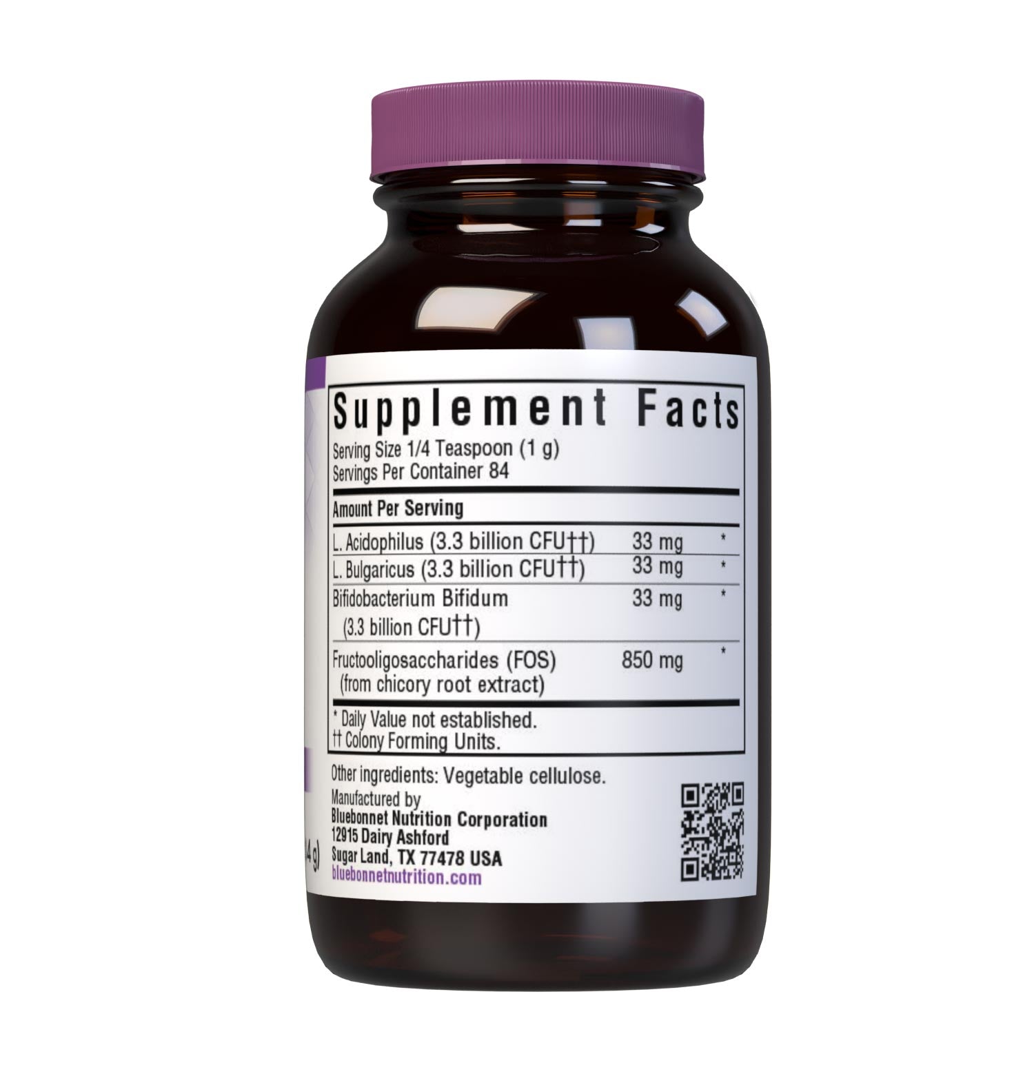 Bluebonnet’s Milk-Free Probiotic Acidophilus & FOS powder is formulated with 10 billion viable cultures from lactobacillus acidophilus, lactobacillus bulgaricus, bifidobacterium bifidum strains along with FOS (fructooligosaccharides) from chicory root extract. This probiotic formula is designed to assist the growth of friendly bacteria in the gut to help support digestive and immune health. Supplement facts panel. #size_3 oz