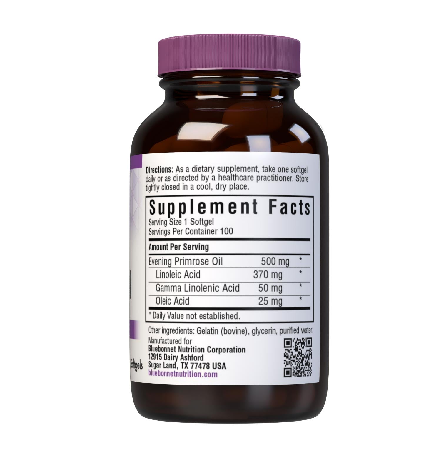 Bluebonnet’s Evening Primrose Oil 500 mg 100 Softgels contain an oil from the seed of the evening primrose plant. Our oil is squeezed by a process known as cold pressing, thus providing essential fatty acids including GLA which may help support women's health. No heat, solvents or chemicals (i.e., hexane free) are used in the extraction process. Supplement facts panel. #size_100 count