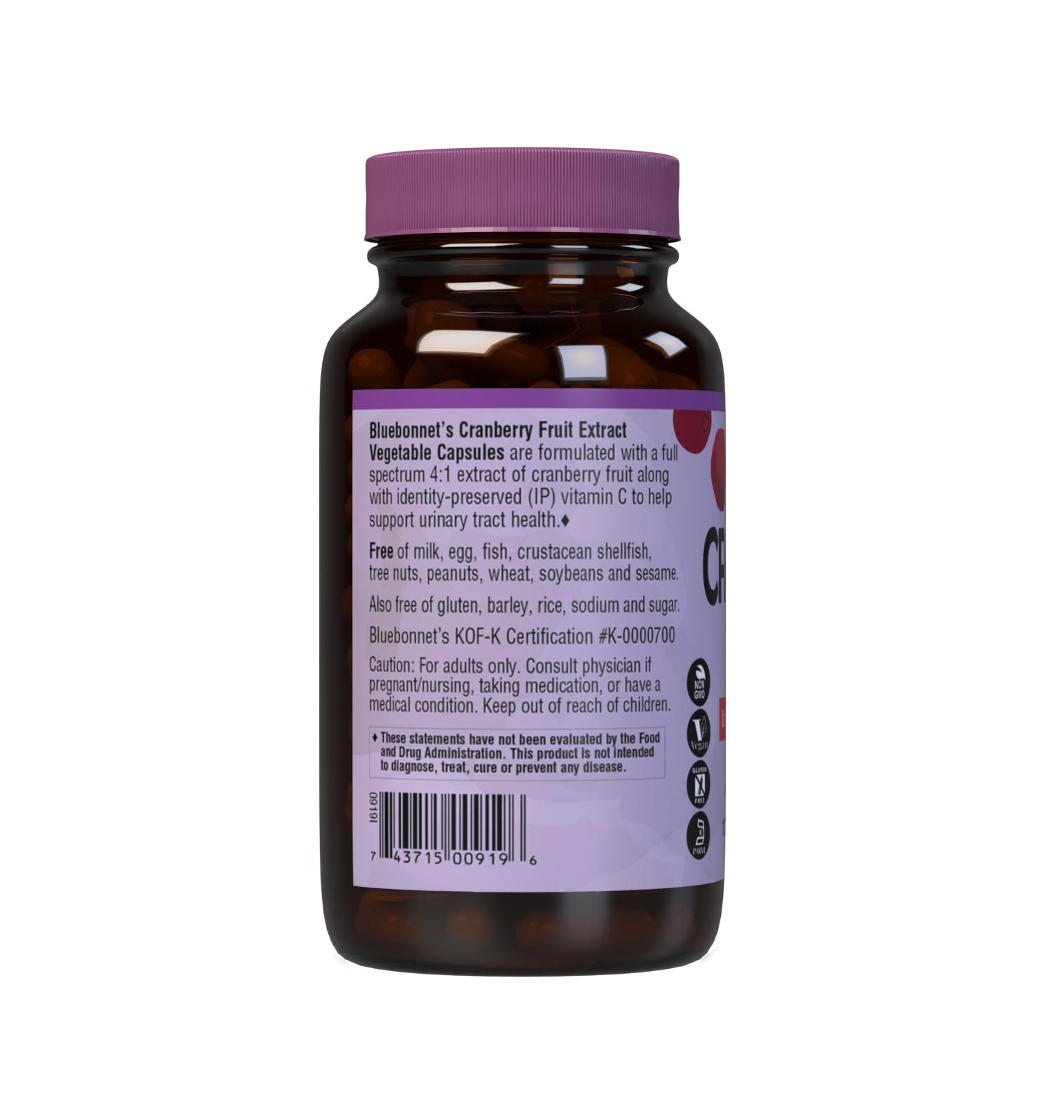 Bluebonnet’s Cranberry Fruit Extract with Vitamin C 120 Vegetable Capsules are Formulated with 500 mg of Cranberry Fruit Extract & 60 mg Identity-Preserved Vitamin C to help support urinary tract health. Description panel. #size_120 count