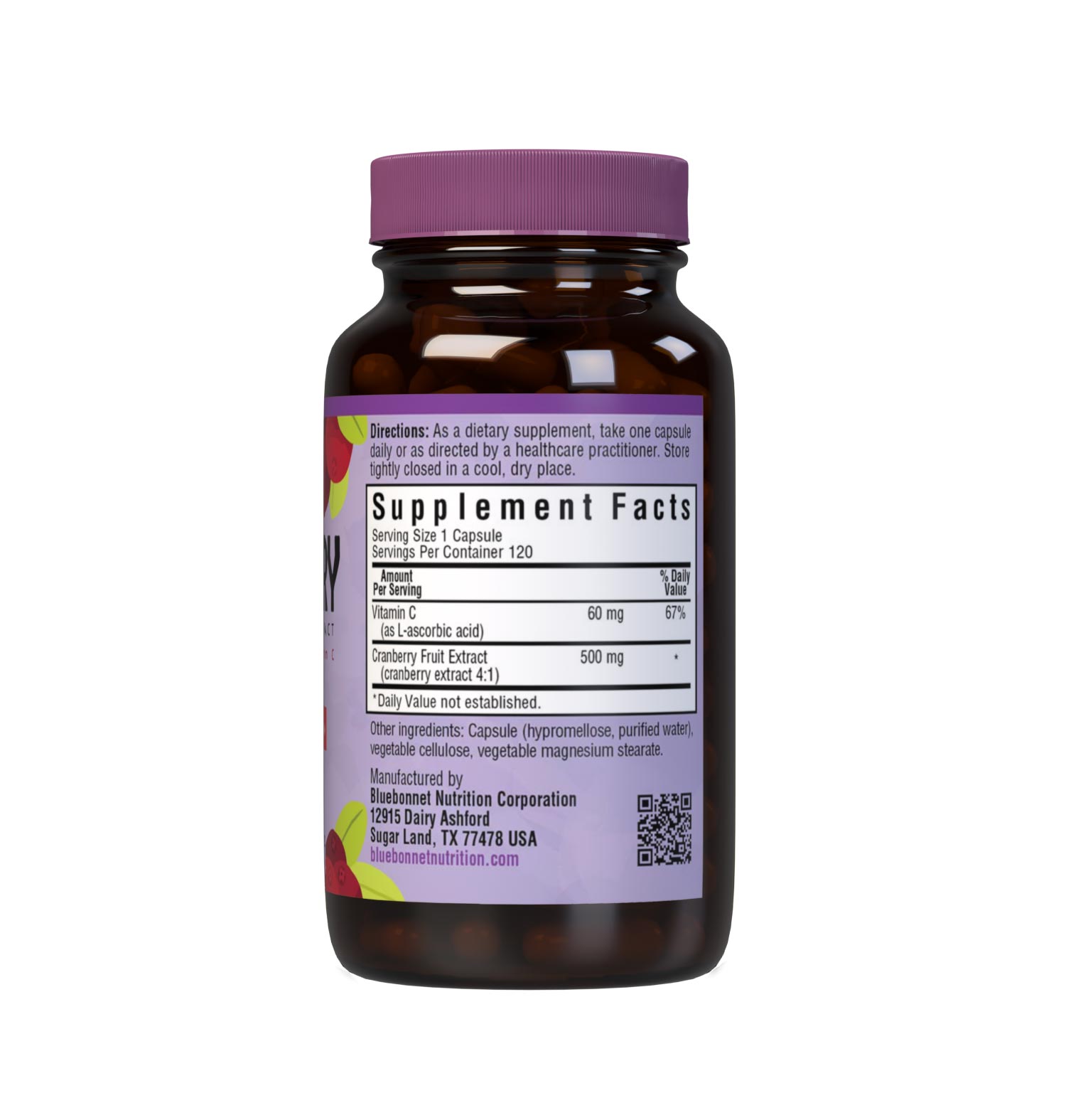 Bluebonnet’s Cranberry Fruit Extract with Vitamin C 120 Vegetable Capsules are Formulated with 500 mg of Cranberry Fruit Extract & 60 mg Identity-Preserved Vitamin C to help support urinary tract health.. Supplement facts panel. #size_120 count
