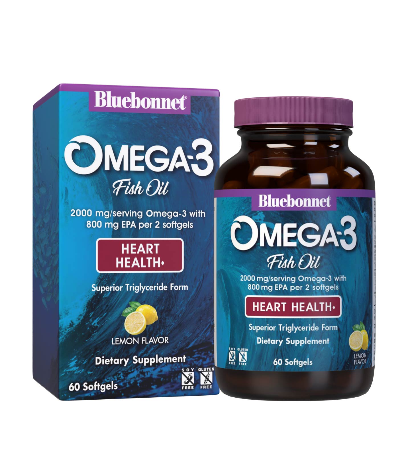Bluebonnet’s Omega-3 Fish Oil Heart Health 60 Softgels are formulated with a specific ratio of EPA and DHA to help support heart function, blood flow, and blood pressure within the normal range by utilizing ultra-refined omega-3s from wild-caught fish. Box with bottle image. #size_60 count