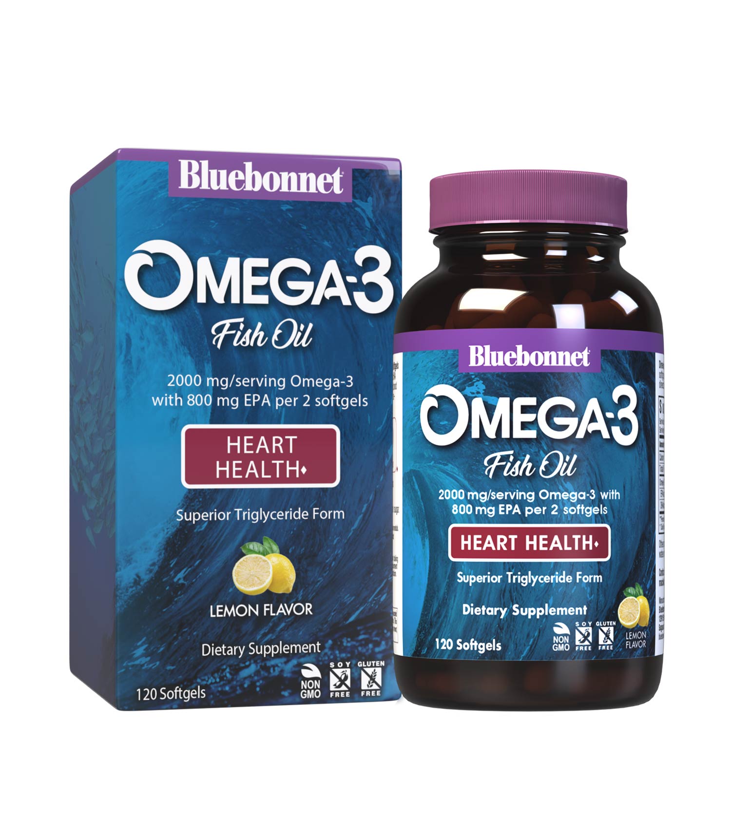 Bluebonnet’s Omega-3 Fish Oil Heart Health 120 Softgels are formulated with a specific ratio of EPA and DHA to help support heart function, blood flow, and blood pressure within the normal range by utilizing ultra-refined omega-3s from wild-caught fish. With box. #size_120 count