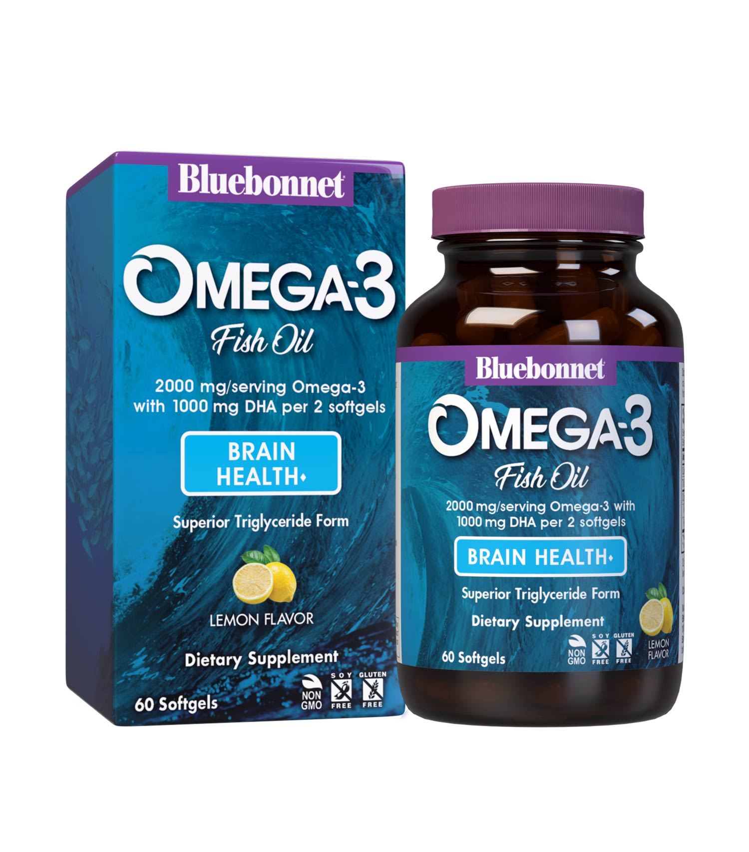 Bluebonnet’s Omega-3 Fish Oil Brain Health 60 Softgels are formulated with a specific ratio of DHA and EPA to help support brain function, mood, and focus by utilizing ultra-refined omega-3s from wild-caught fish. With box. #size_60 count
