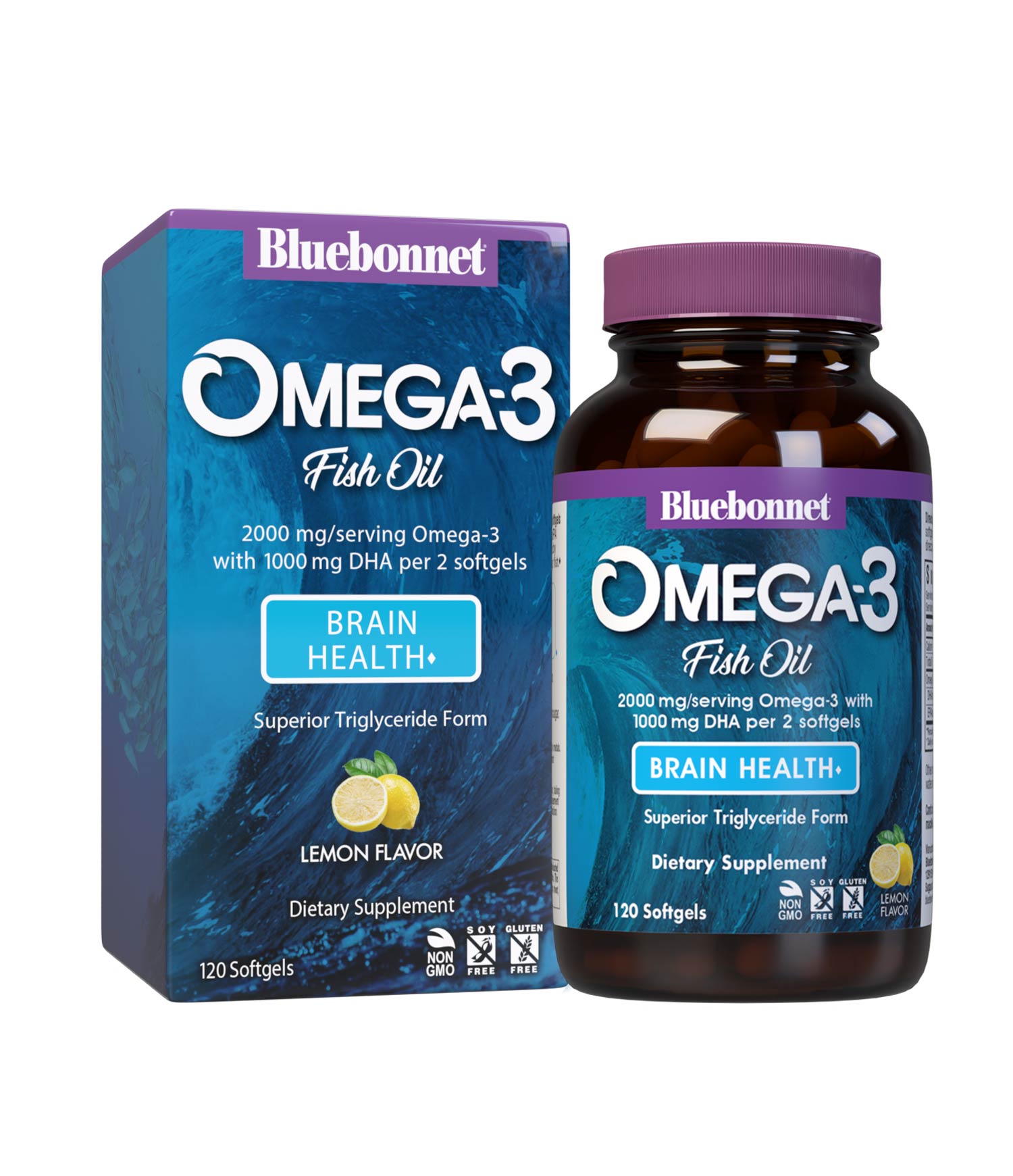 Bluebonnet’s Omega-3 Fish Oil Brain Health 120 Softgels are formulated with a specific ratio of DHA and EPA to help support brain function, mood, and focus by utilizing ultra-refined omega-3s from wild-caught fish. With box. #size_120 count