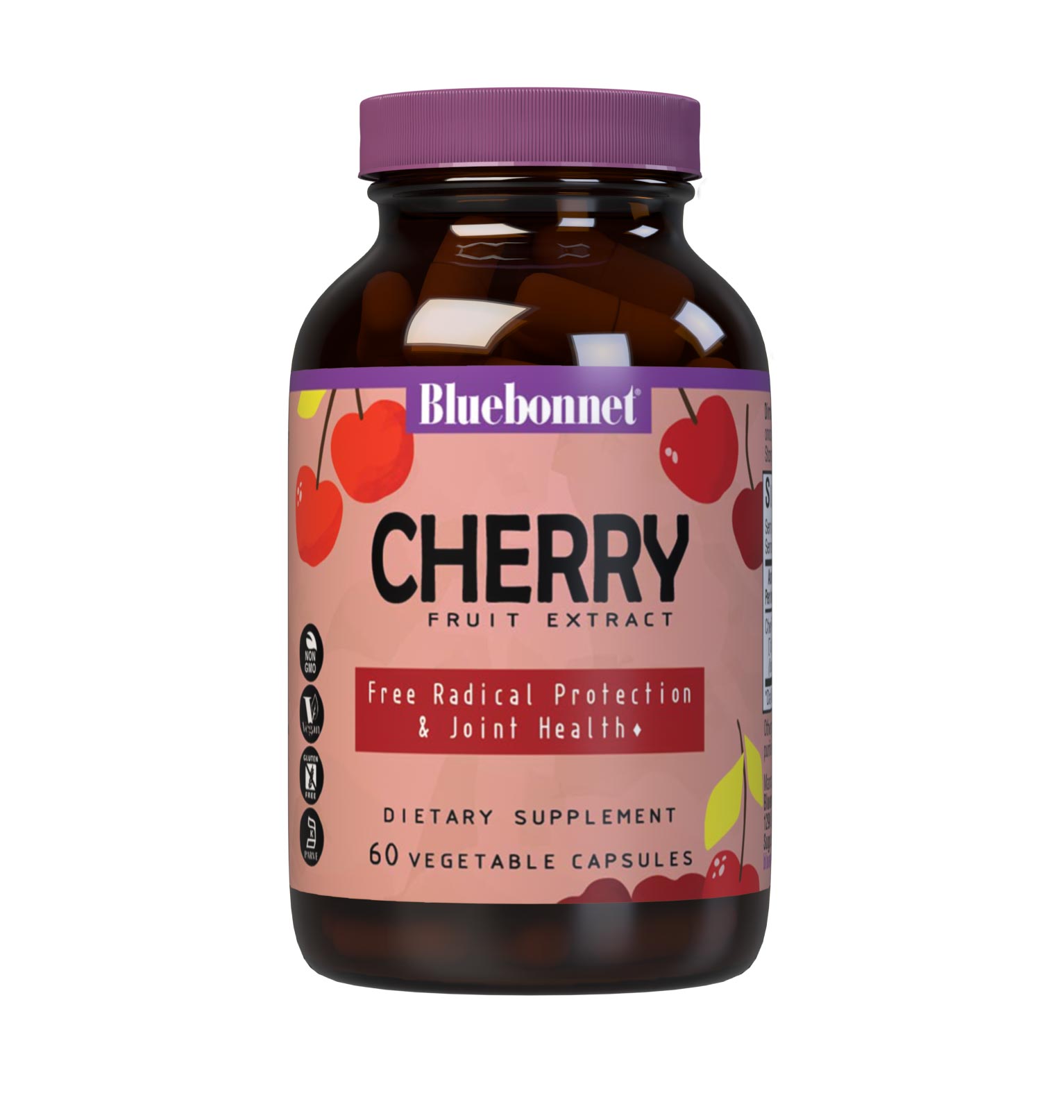 Bluebonnet's Cherry Fruit Extract 60 Vegetable Capsules are formulated with a combination of tart, sweet and black cherry to provide free radical protection and support joint health. #size_60 count