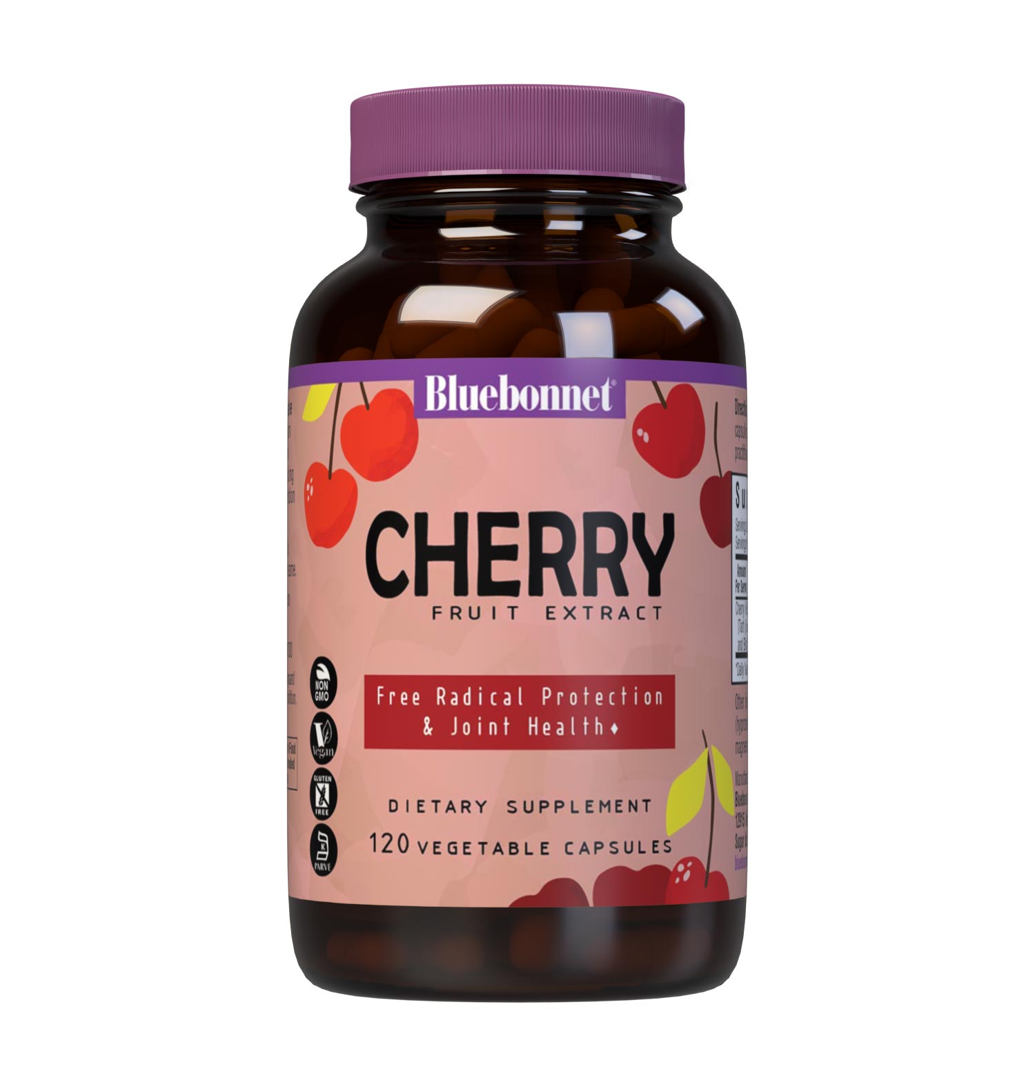 Bluebonnet's Cherry Fruit Extract 120 Vegetable Capsules are formulated with a combination of tart, sweet and black cherry to provide free radical protection and support joint health. #size_120 count