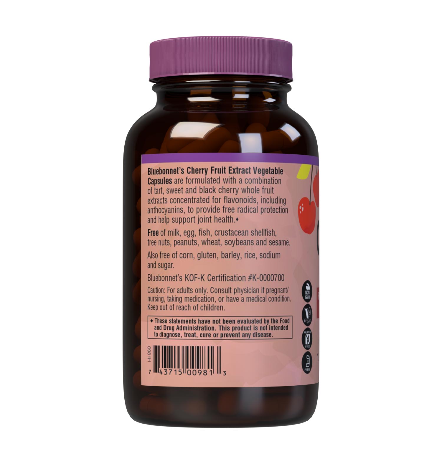 Bluebonnet's Cherry Fruit Extract 120 Vegetable Capsules are formulated with a combination of tart, sweet and black cherry to provide free radical protection and support joint health. Description panel. #size_120 count