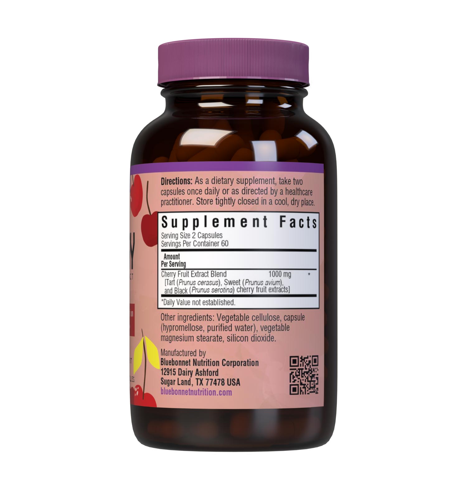 Bluebonnet's Cherry Fruit Extract 120 Vegetable Capsules are formulated with a combination of tart, sweet and black cherry to provide free radical protection and support joint health. Supplement facts panel. #size_120 count