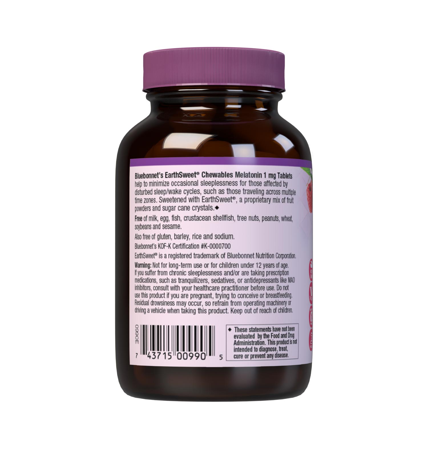 Bluebonnt's Earthsweet Chewables Melatonin 1 mg 60 tablets help to minimize occasional sleeplessness for those affected by distrubed sleep/wake cycles, such as those travelling across multiple time zones. Description panel. #size_60 count