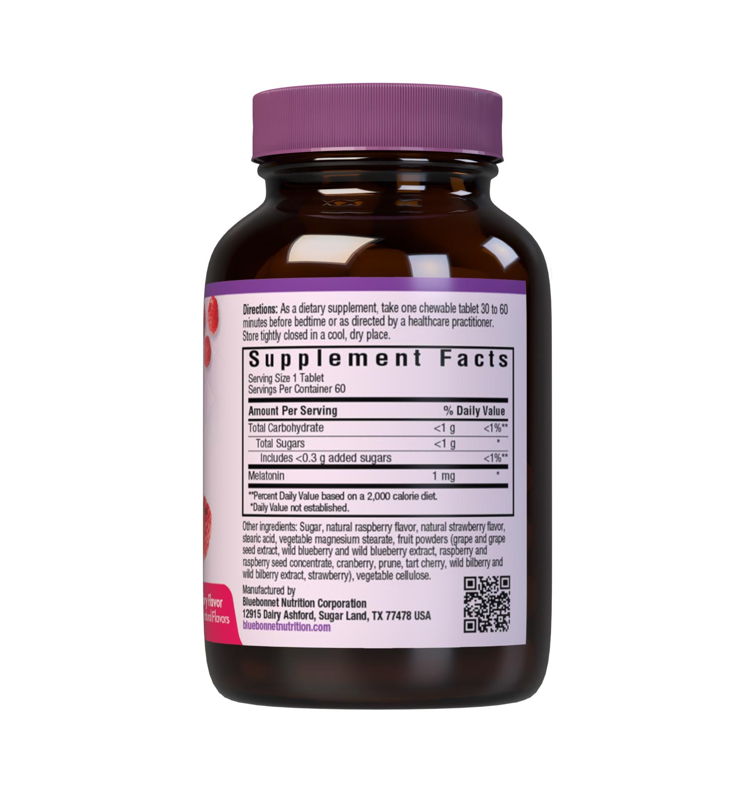 Bluebonnt's Earthsweet Chewables Melatonin 1 mg 60 tablets help to minimize occasional sleeplessness for those affected by distrubed sleep/wake cycles, such as those travelling across multiple time zones. Supplement facts panel. #size_60 count