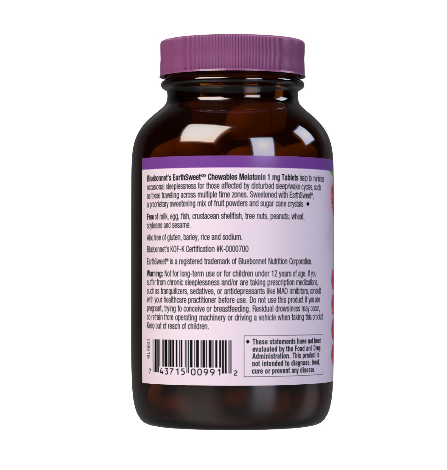 Bluebonnt's Earthsweet Chewables Melatonin 1 mg 120 tablets help to minimize occasional sleeplessness for those affected by distrubed sleep/wake cycles, such as those travelling across multiple time zones. Description panel. #size_120 count