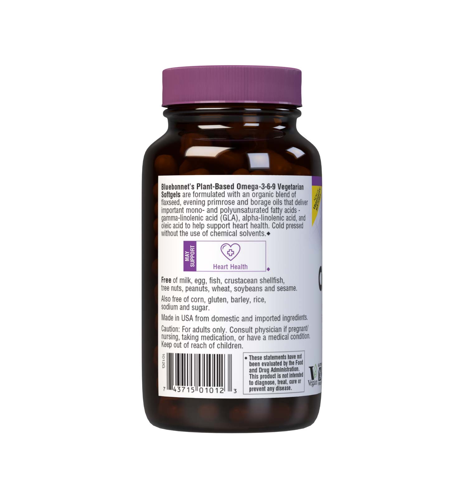 Bluebonnet’s Plant-Based Omega-3•6•9 1000 mg Vegetarian Softgels offer healthy essential mono- and polyunsaturated fatty acids from flaxseed, evening primrose and borage oils, which have the popular alpha- and gamma-linolenic acids plus, oleic acid for cardiovascular support. Description side panel. #size_90 count