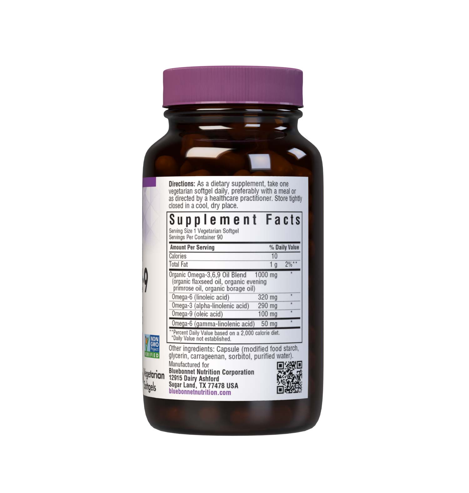 Bluebonnet’s Plant-Based Omega-3•6•9 1000 mg Vegetarian Softgels offer healthy essential mono- and polyunsaturated fatty acids from flaxseed, evening primrose and borage oils, which have the popular alpha- and gamma-linolenic acids plus, oleic acid for cardiovascular support. Supplement facts panel. #size_90 count