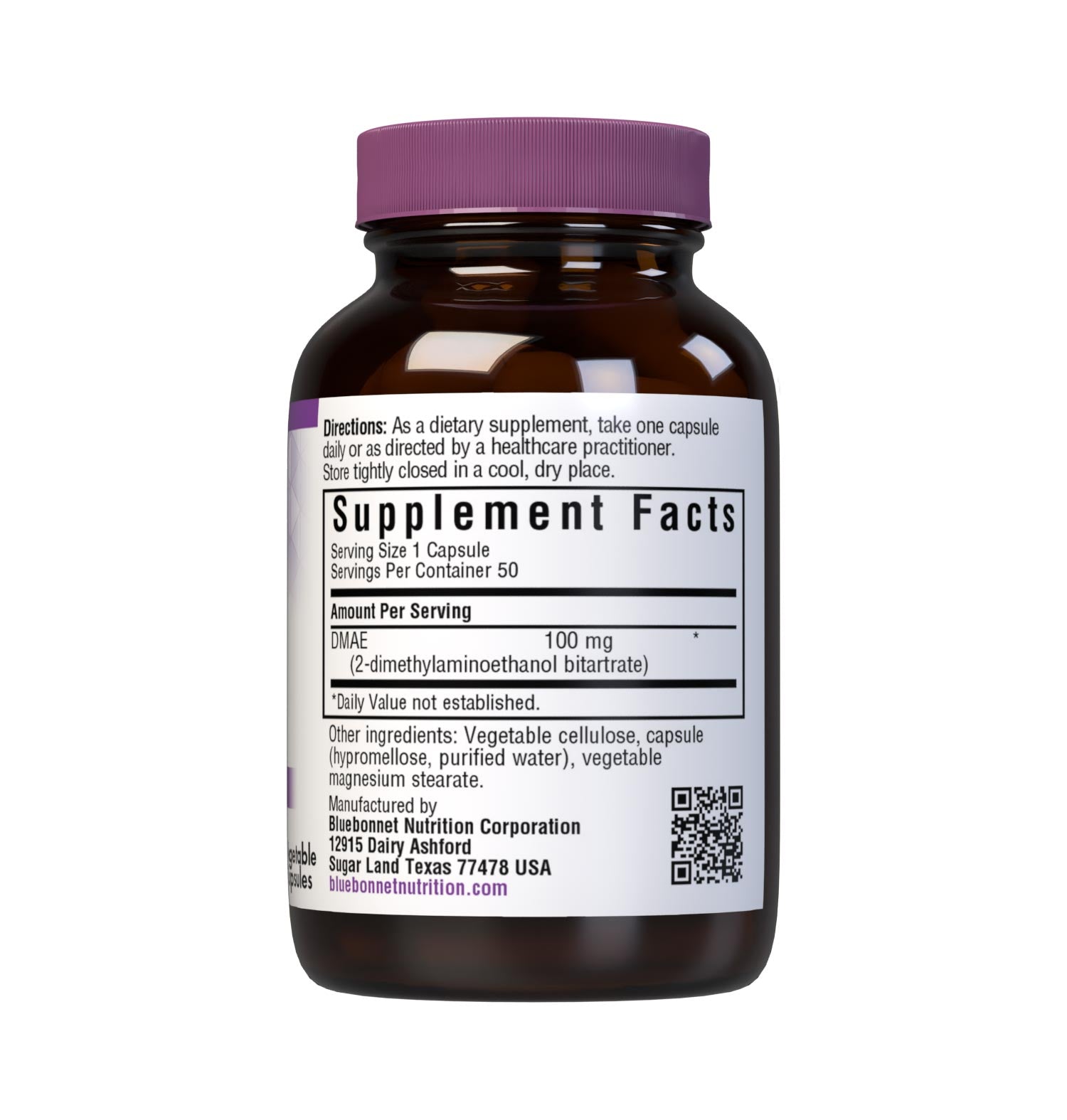 Bluebonnet’s DMAE 100 mg 50 Vegetable Capsules are formulated with 2-dimethylaminoethanol bitartrate to help support learning, memory, mental focus, and clarity. Supplement facts panel. #size_50 count