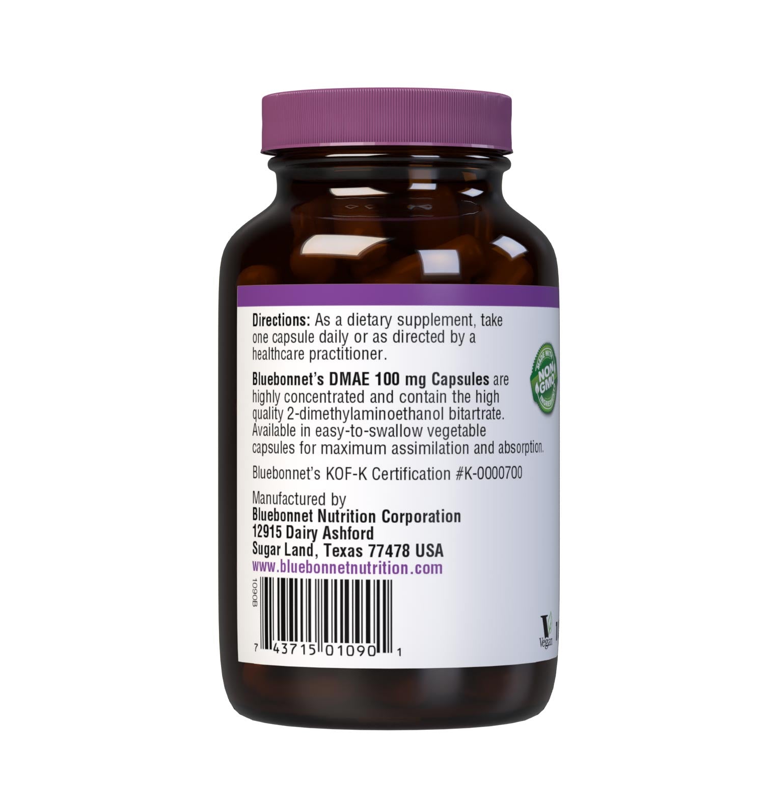 Bluebonnet’s DMAE 100 mg 100 Vegetable Capsules are formulated with 2-dimethylaminoethanol bitartrate to help support learning, memory, mental focus, and clarity. Description panel. #size_100 count