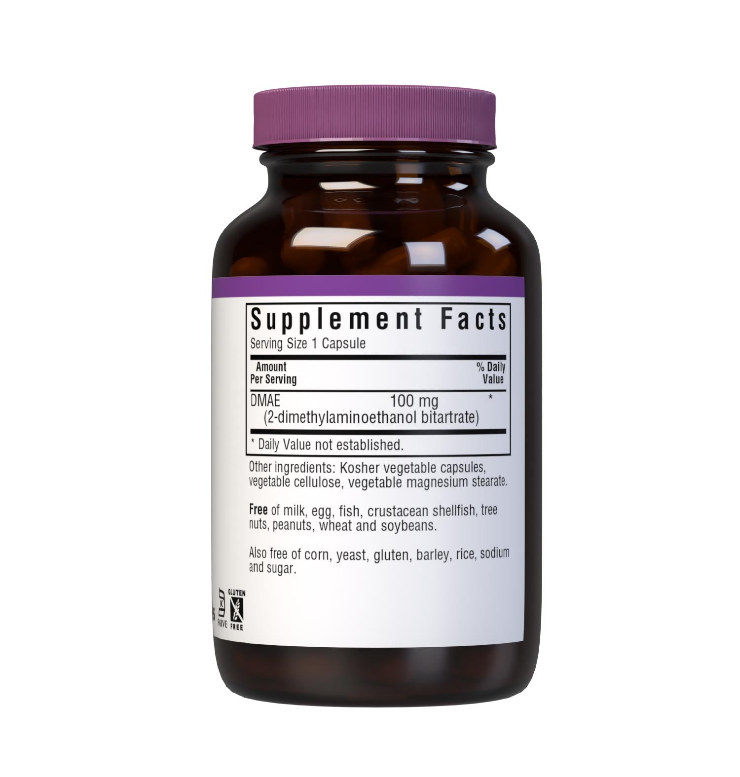 Bluebonnet’s DMAE 100 mg 100 Vegetable Capsules are formulated with 2-dimethylaminoethanol bitartrate to help support learning, memory, mental focus, and clarity. Supplement facts panel. #size_100 count