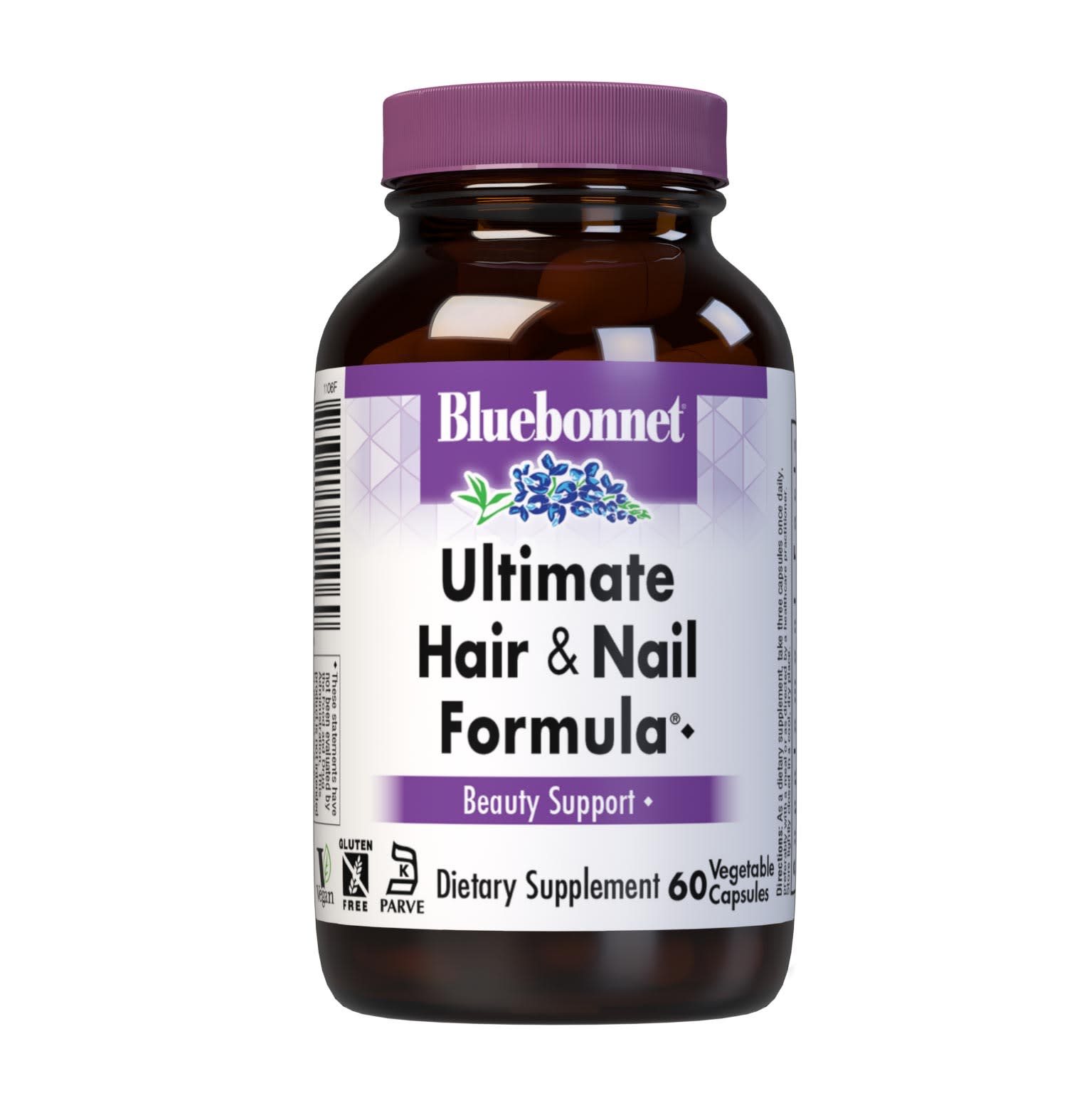 Bluebonnet’s Ultimate Hair & Nail Formula 60 Vegetable Capsules are specially formulated with high potency vitamins, minerals, amino acids, horsetail silica, and OptiMSM a superior form of active sulphur, for optimal hair and nail support. #size_60 count
