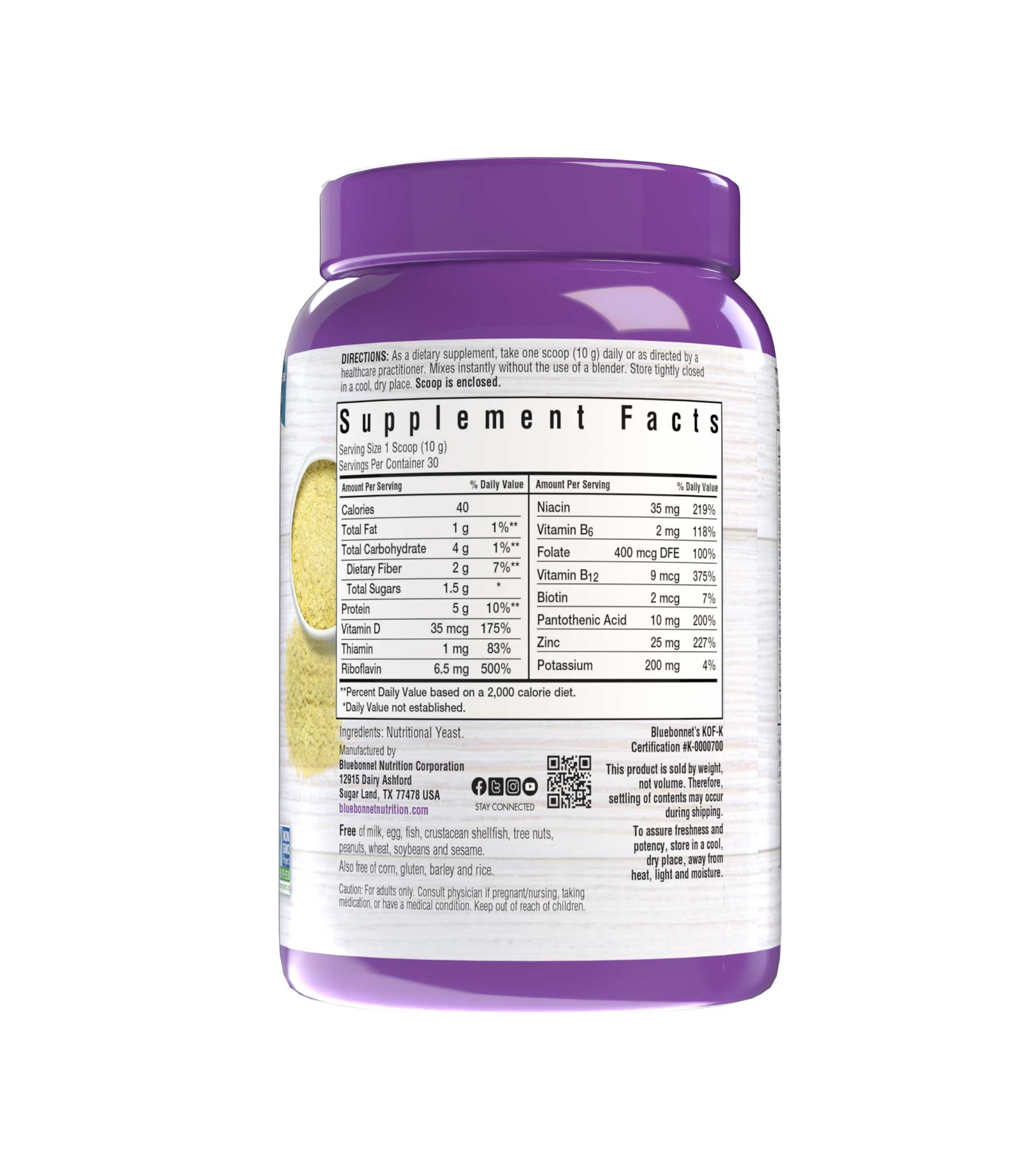 Bluebonnet’s Nutritional Yeast Flakes is formulated with a select strain of Saccharomyces cerevisiae that is grown on certified non-GMO sugar beet molasses instead of the typical grain-derived brewer’s yeast that is recovered from the beer-brewing process. Premium Nutritional Yeast provides a toasted, non-bitter, savory flavor without any artificial sweeteners, colors, or flavors and can be incorporated into any recipe to improve texture and nutritional value. Supplement facts panel. #size_10.58 oz