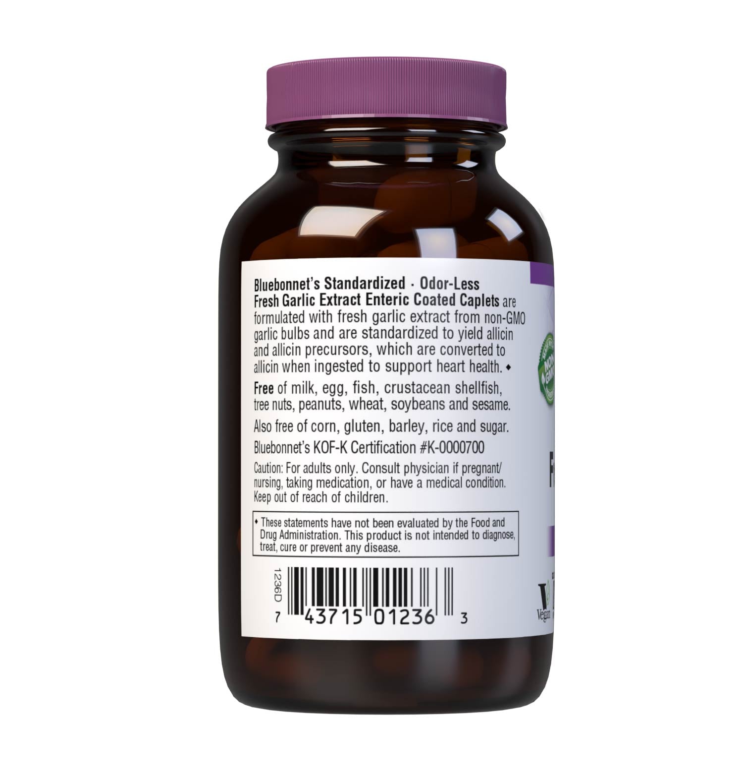Bluebonnet’s Standardized Odor-Less Fresh Garlic Extract 60 Enteric Coated Caplets are formulated with fresh garlic extract from non-GMO garlic bulb and are standardized to yield allicin and allicin precursors, which are converted to allicin when ingested to support heart health. Description panel. #size_60 count