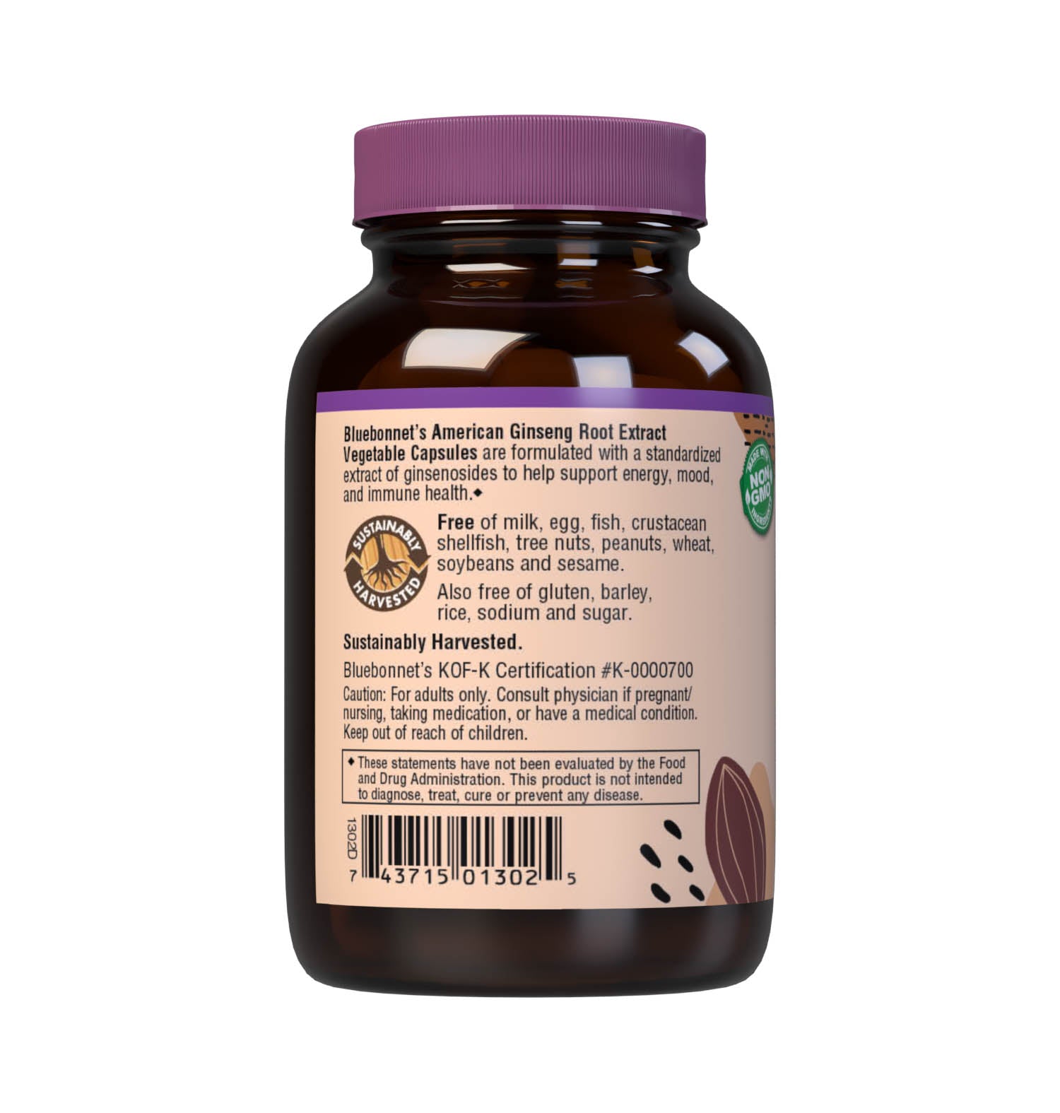 Bluebonnet’s Standardized American Ginseng Root Extract 60 Vegetable Capsules provide a standardized extract of ginsenosides, the most researched active constituents found in American ginseng root. A clean and gentle water-based extraction method is employed to capture and preserve American ginseng’s most valuable components. Description panel. #size_60 count