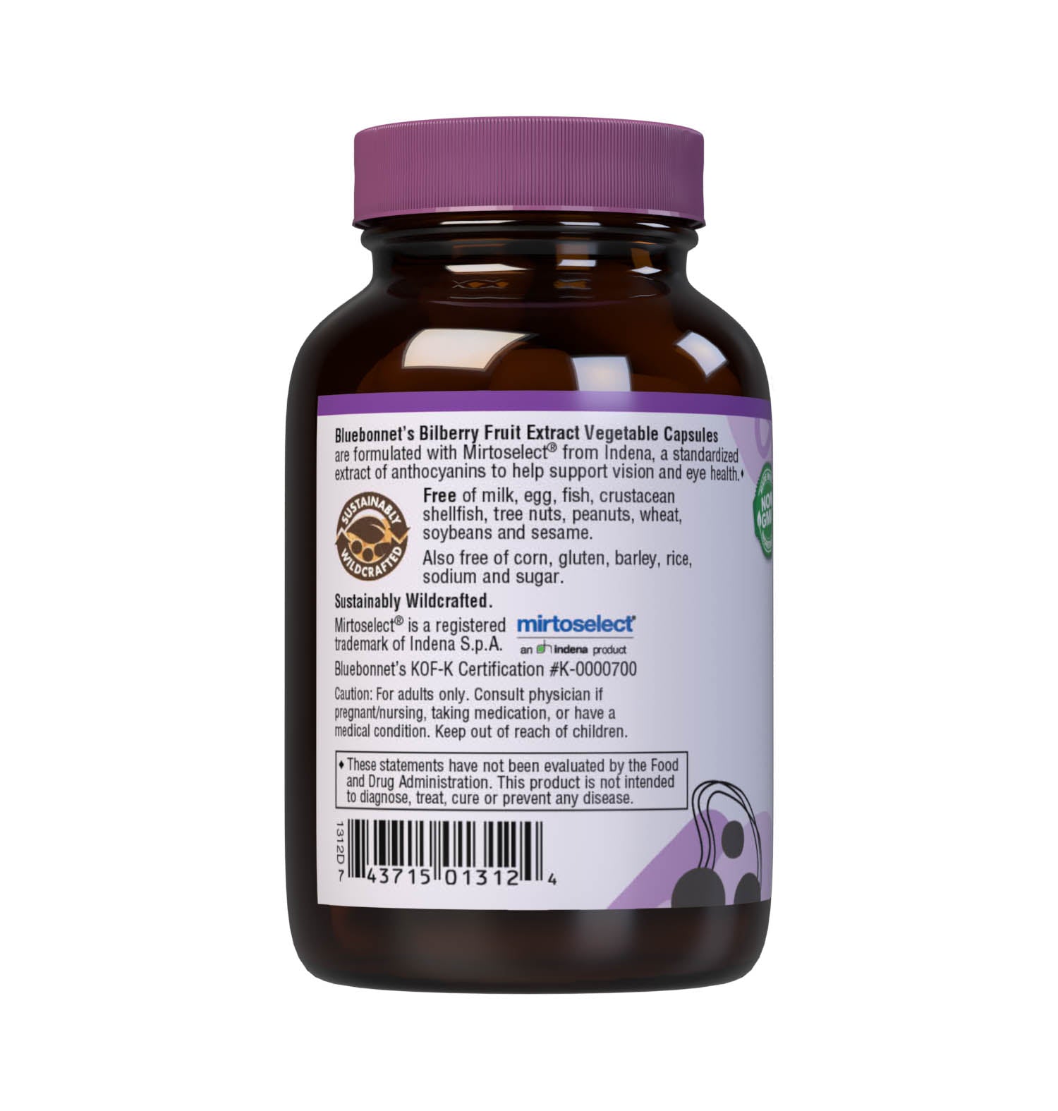 Bluebonnet’s Bilberry Fruit Extract 60 Vegetable Capsules contain Mirtoselect from Indena, a standardized extract of anthocyanins, the most researched active constituents found in bilberry fruit. A clean and gentle water-based extraction method is employed to capture and preserve bilberry’s most valuable components. Description panel. #size_60 count