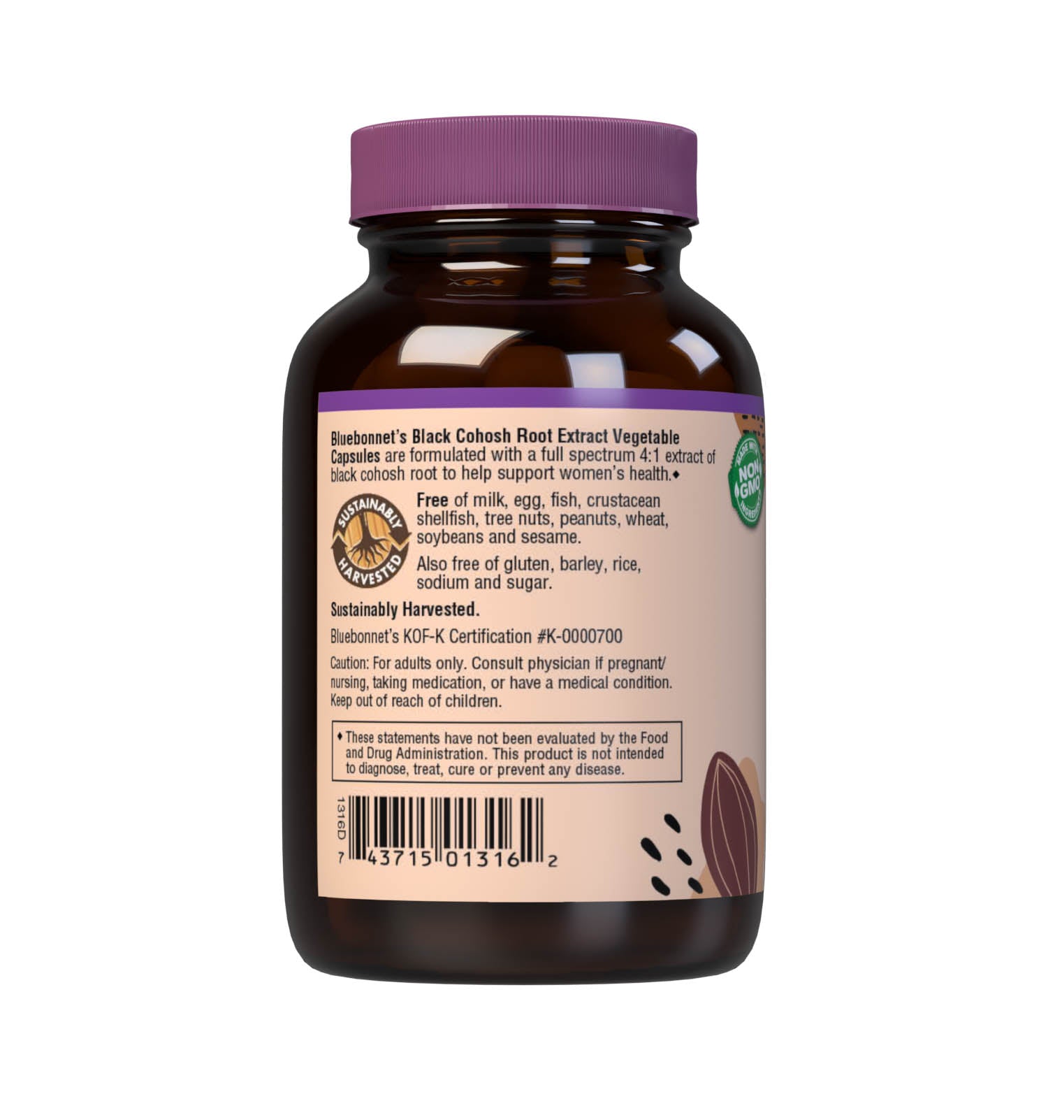 Bluebonnet’s Black Cohosh Root Extract 60 Vegetable Capsules are formulated with a full spectrum extract of black cohosh root to help support women's health. A clean and gentle water-based extraction method is employed to capture annd preserve black cohosh's most valuable components. Description panel. #size_60 count