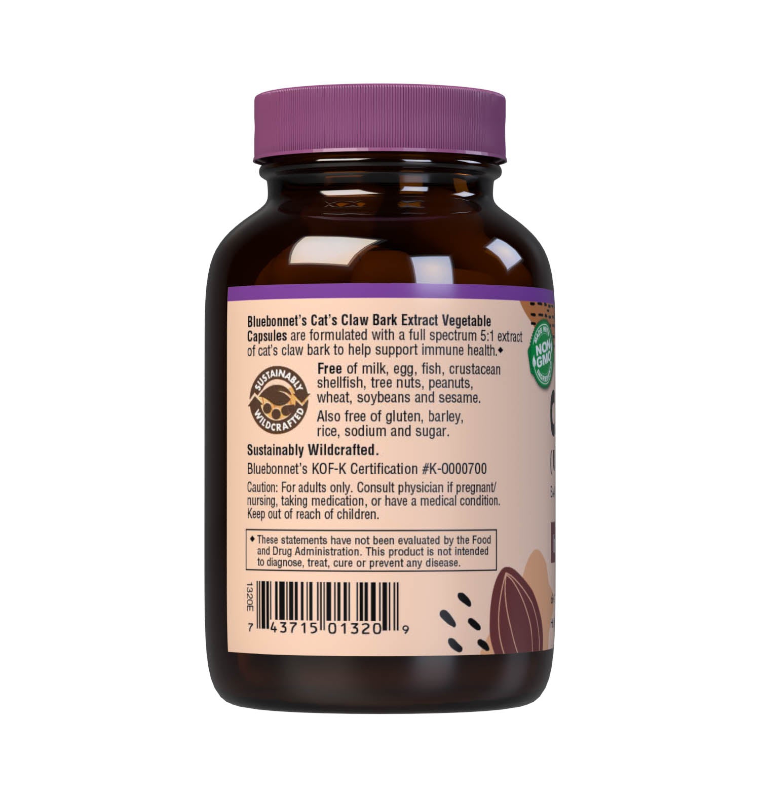 Bluebonnet’s Cat’s Claw Bark Extract 60 Vegetable Capsules contain a full spectrum extract of cat’s claw bark that is carefully produced by a clean and gentle water-based extraction method is employed to capture and preserve cat’s claw’s most valuable components. Description panel. #size_60 count