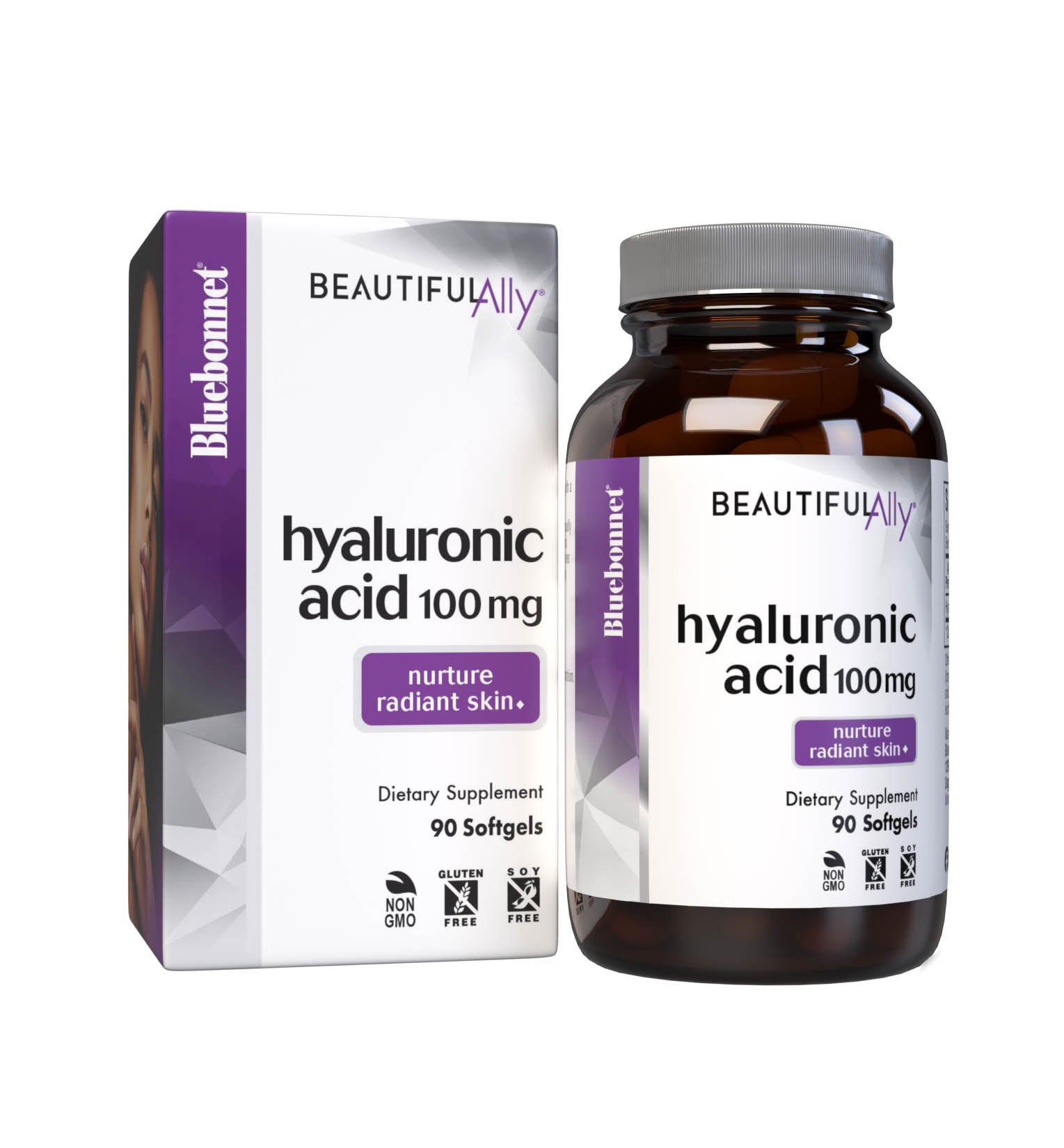 Bluebonnet’s Beautiful Ally Hyaluronic Acid 100 mg 90 Softgels are specially formulated to help increase skin hydration and repair with vegan-sourced hyaluronic acid in a base of non-GMO sunflower oil. Hyaluronic acid serves as a cushion and lubricant with the skin tp help create a more supple, luminescent, youthful appearance. With box. #size_90 count