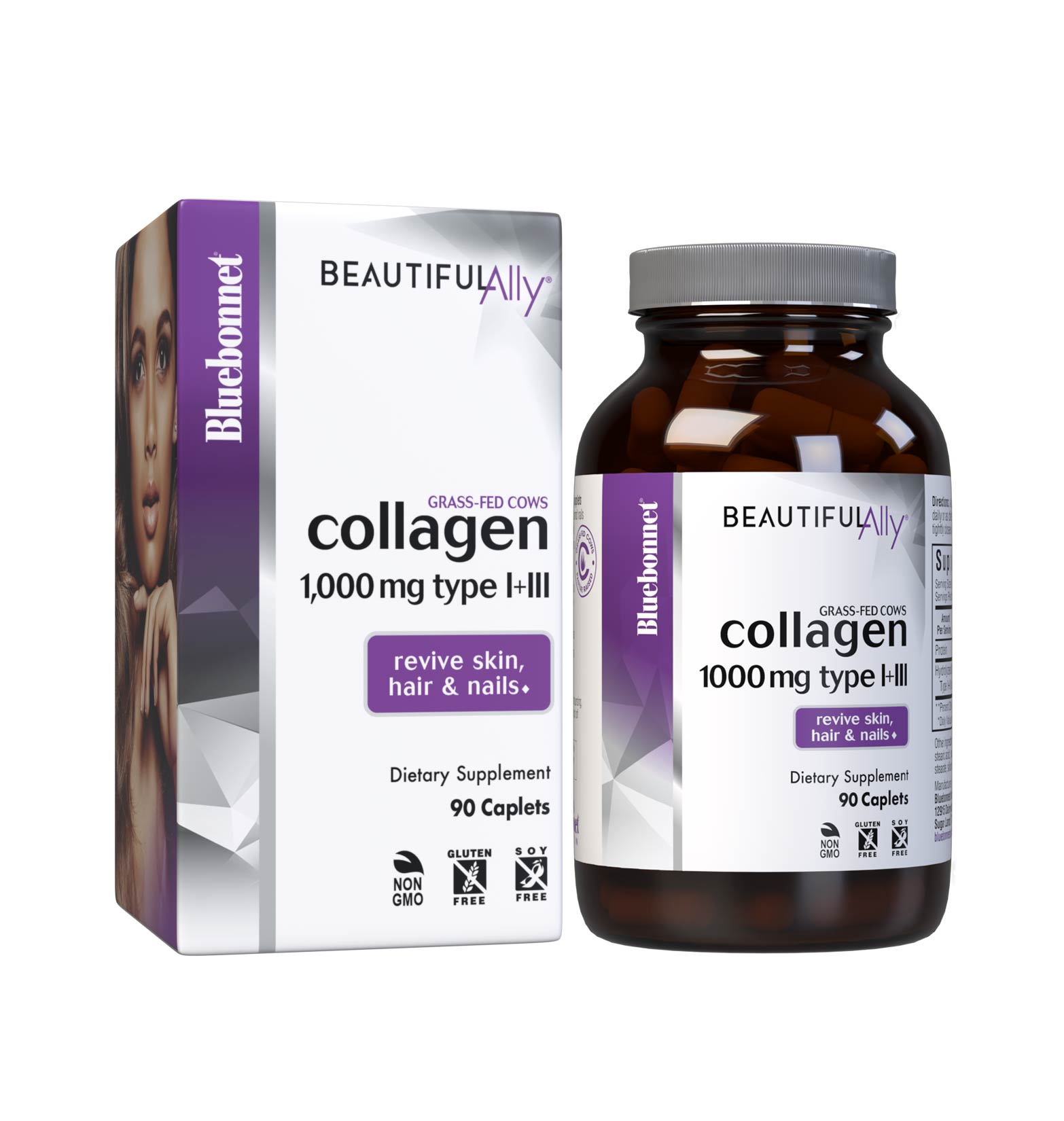 Bluebonnet’s Beautiful Ally Collagen 1000 mg 90 Caplets are specially formulated to help support skin, hair and nails with collagen peptides type I + III from grass-fed cows. Collagen peptides help to replenish nutrients lost over time by boosting collagen production which helps to strengthen hair and nails while supporting the skin’s hydration balance and natural elasticity to counteract visible signs of aging. With box. #size_90 count
